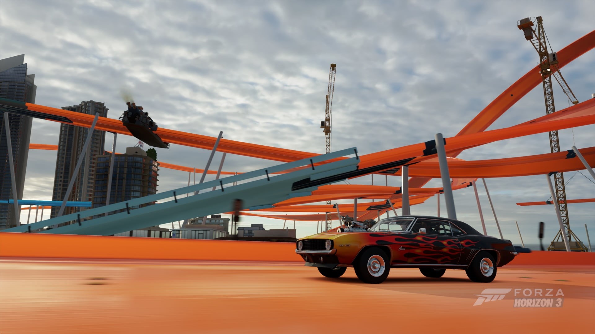 Chevrolet Camaro, outdoors, motion, mode of transportation, land vehicle, architecture, forza horizon 3, nature, video games, built structure, construction machinery, HD Wallpaper