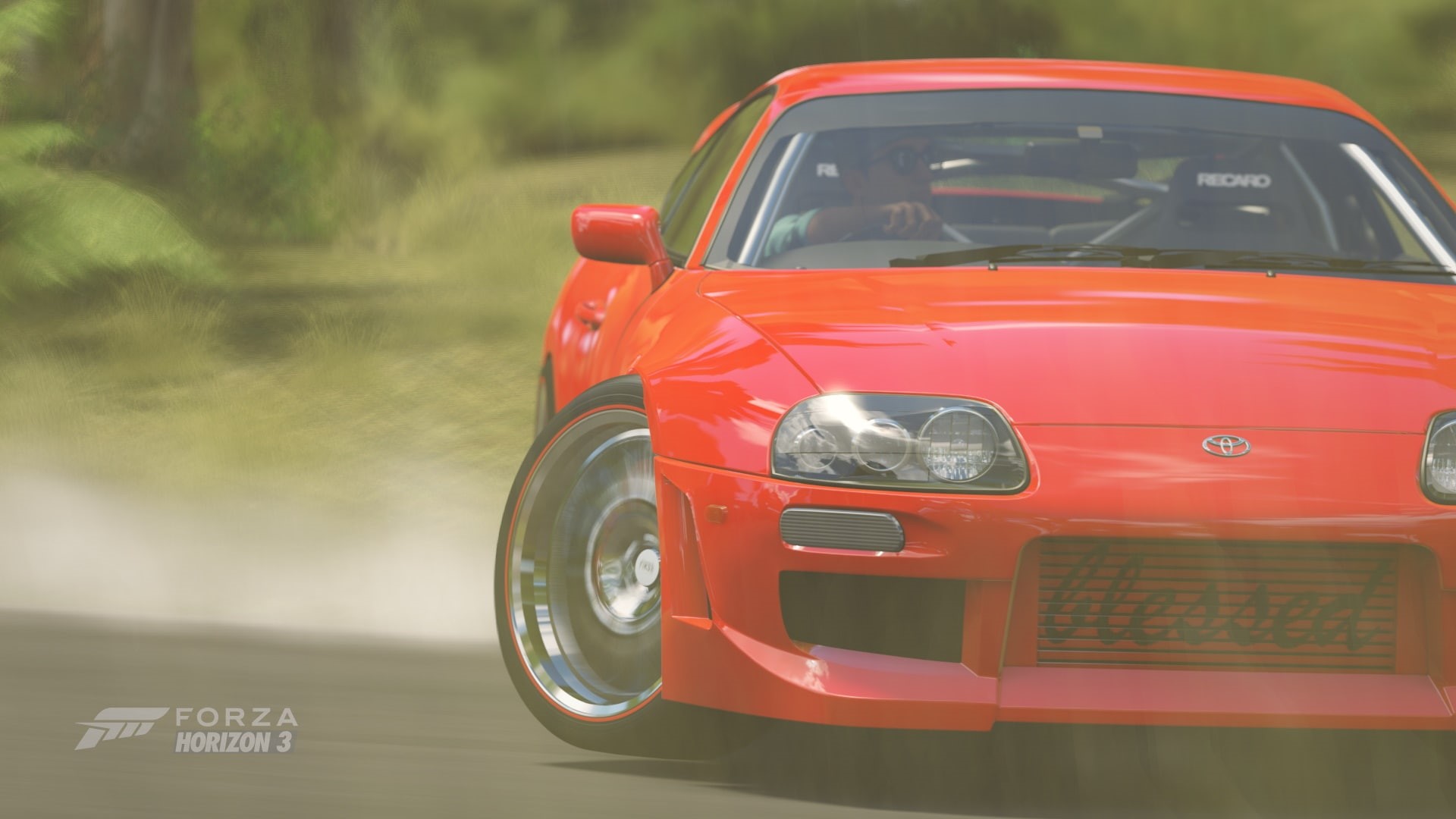 motor vehicle, mode of transportation, luxury, orange color, wheel, Drifting, forza horizon 3, close-up, Forza, day, side-view mirror, red, outdoors, nature, HD Wallpaper