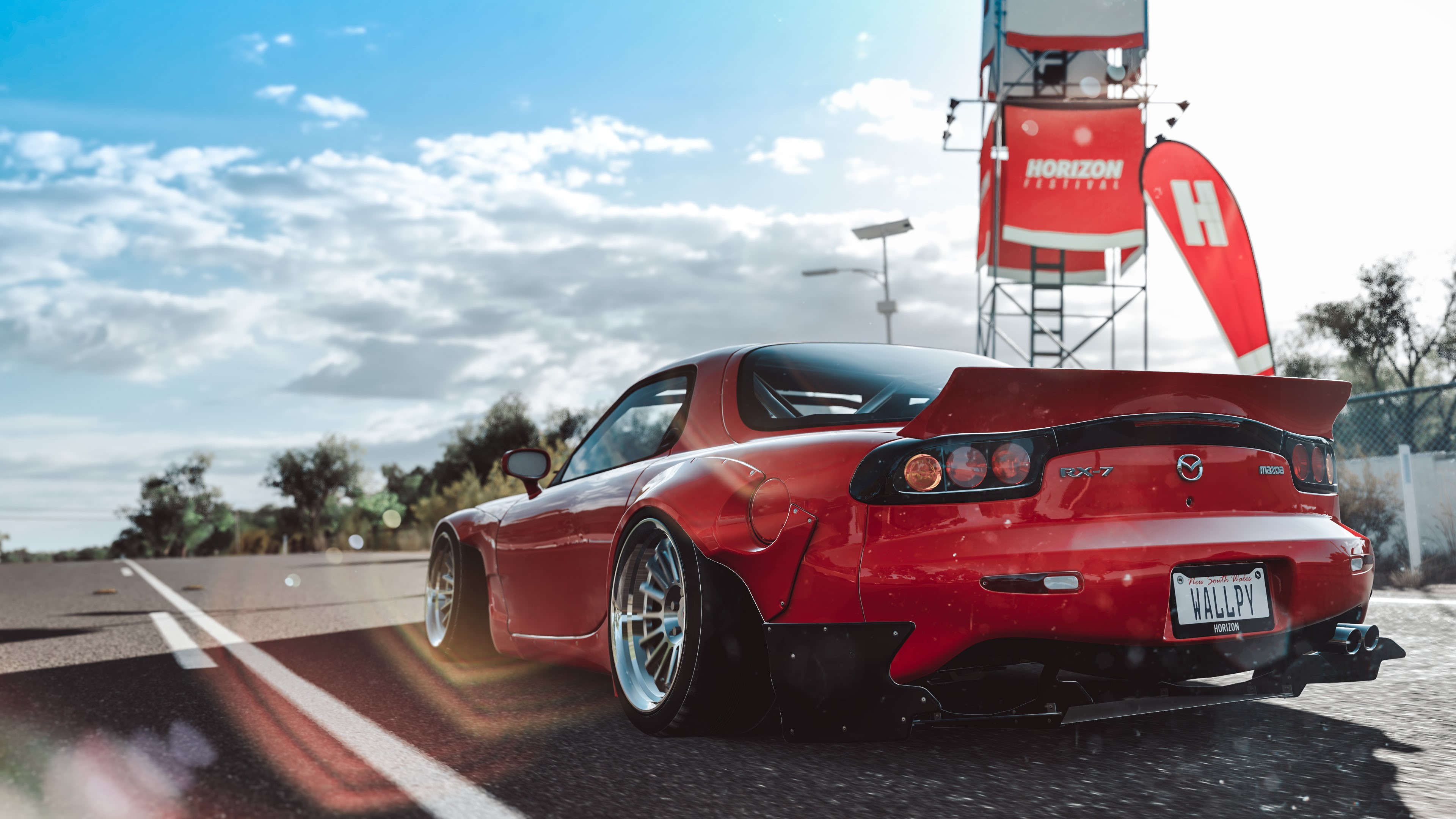 road, street, safety, 4k, games, mode of transportation, mazda rx7, cloud - sky, mazda, cars, nature, forza, red, pc games, xbox games, day, text, car, HD Wallpaper