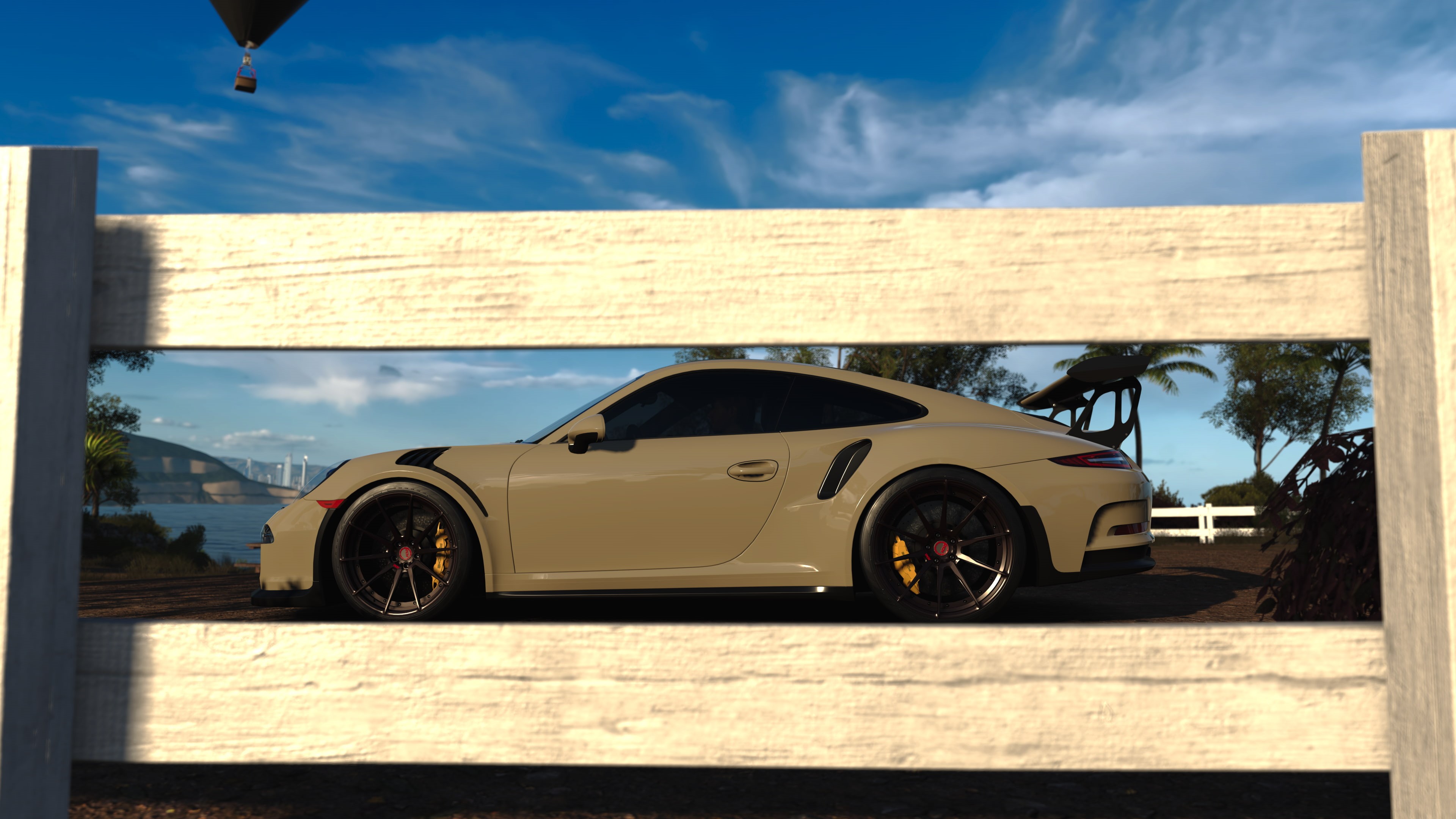 car, yellow, no people, architecture, blue, forza horizon 3, mode of transportation, Forza Games, transportation, cloud - sky, Porsche, motor vehicle, video games, HD Wallpaper