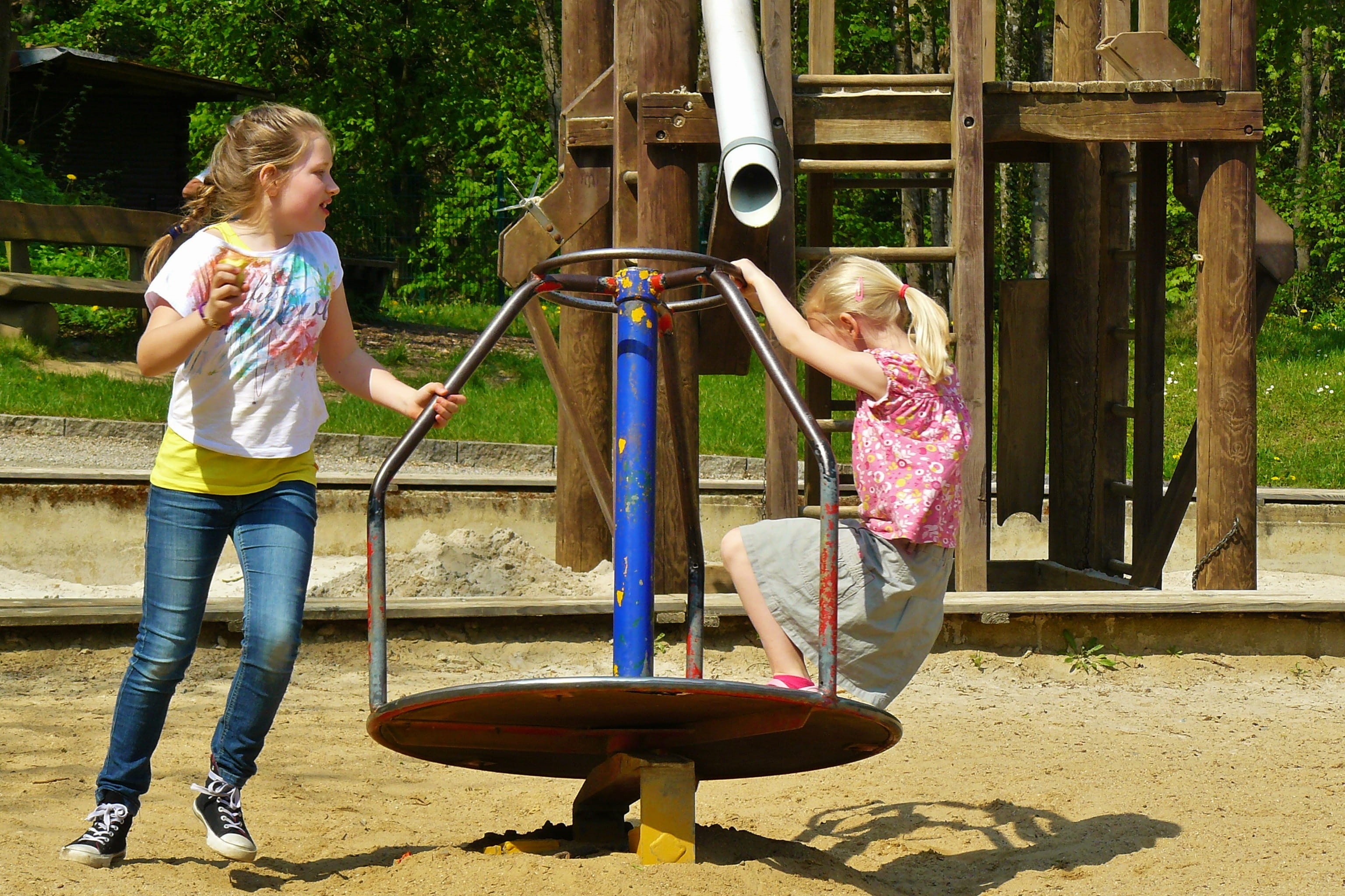 turn, youth, shirt, children playing, sibling, children, togetherness, females, girls, offspring, girl, hair, rotating tower, movement, outdoor play equipment, HD Wallpaper