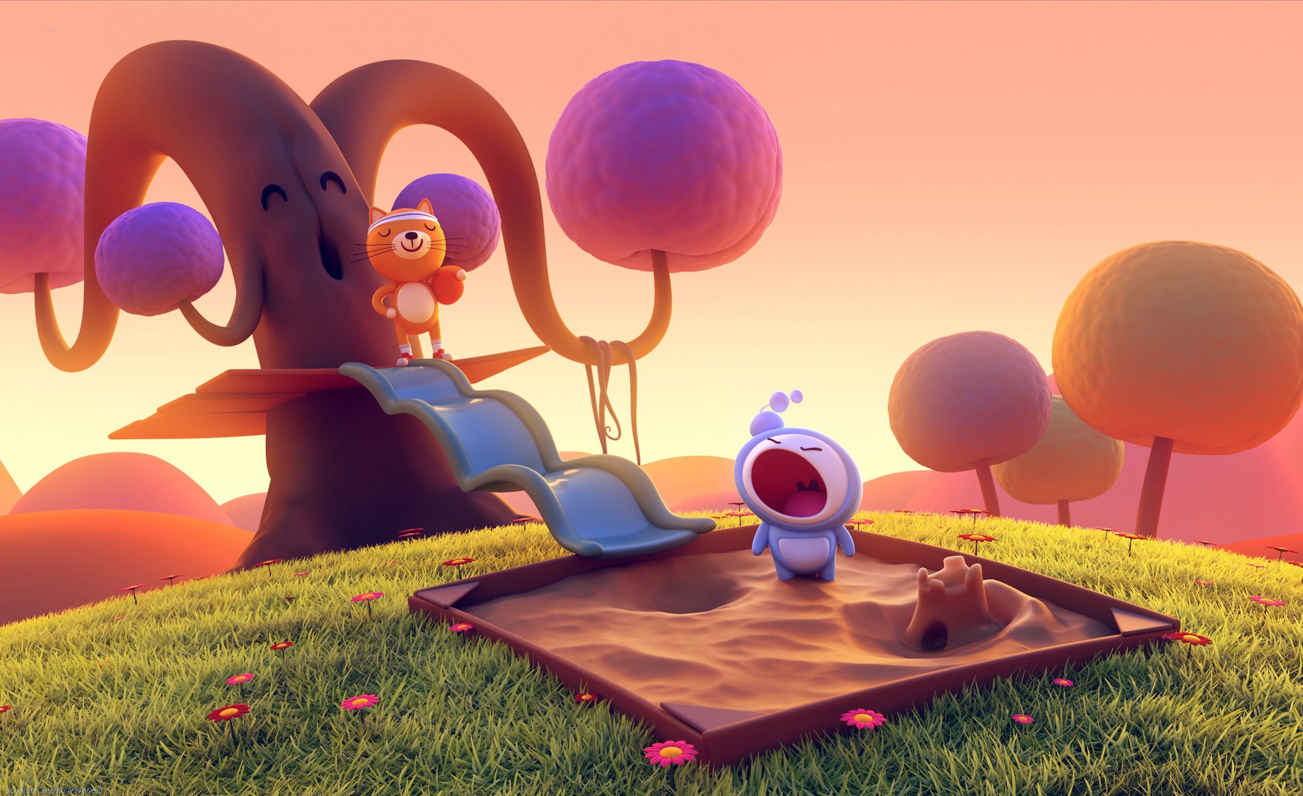 characters, poster, land, sunlight, sky, beauty in nature, toy, art and craft, playground, human representation, outdoors, cartoon, 2K, representation, HD Wallpaper