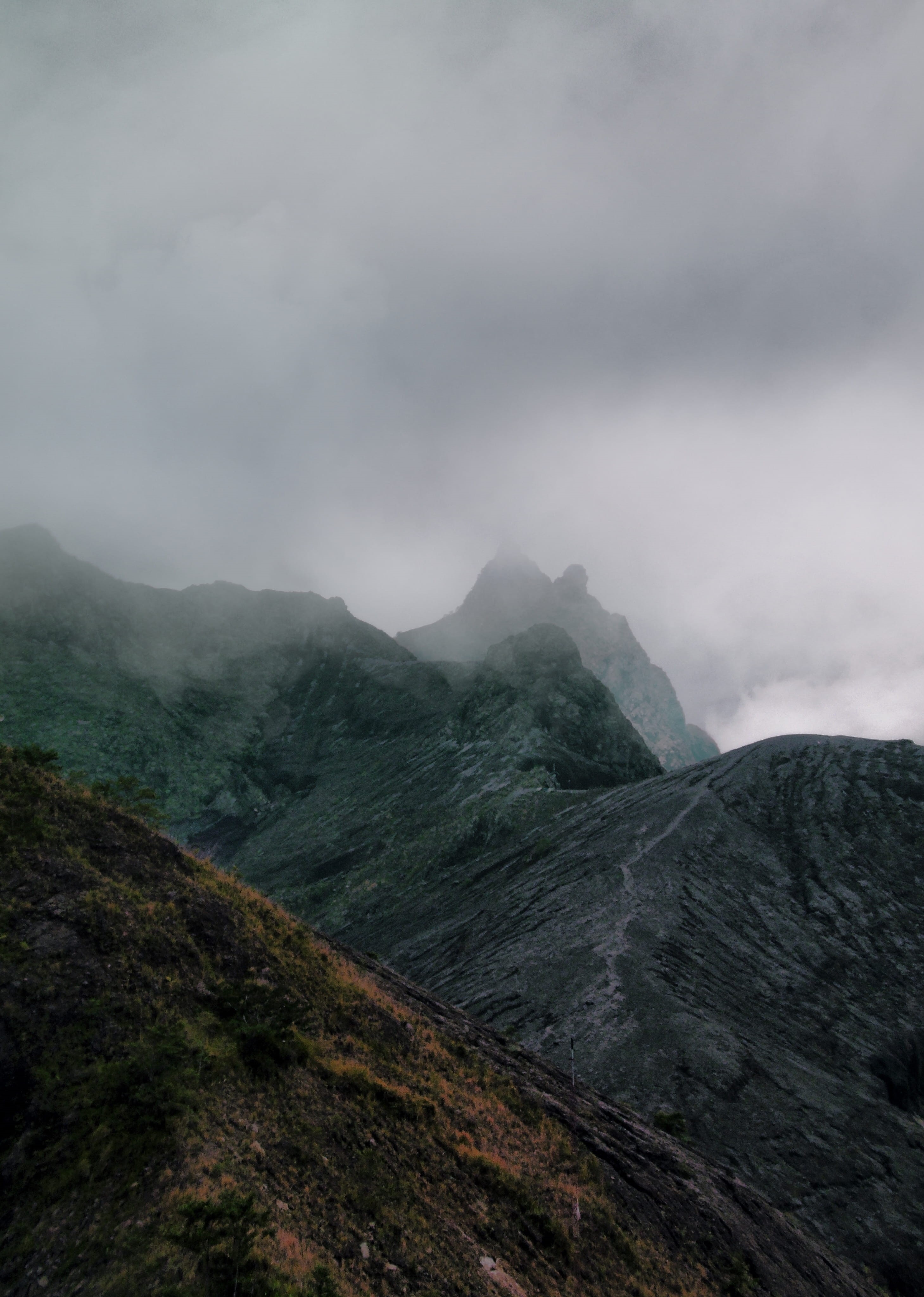 no people, mountains, geology, rock, indonesia, scenics - nature, nature, 4K, roamer, kelud, power in nature, mountain range, foggy, non-urban scene, day, Phone HD Wallpaper