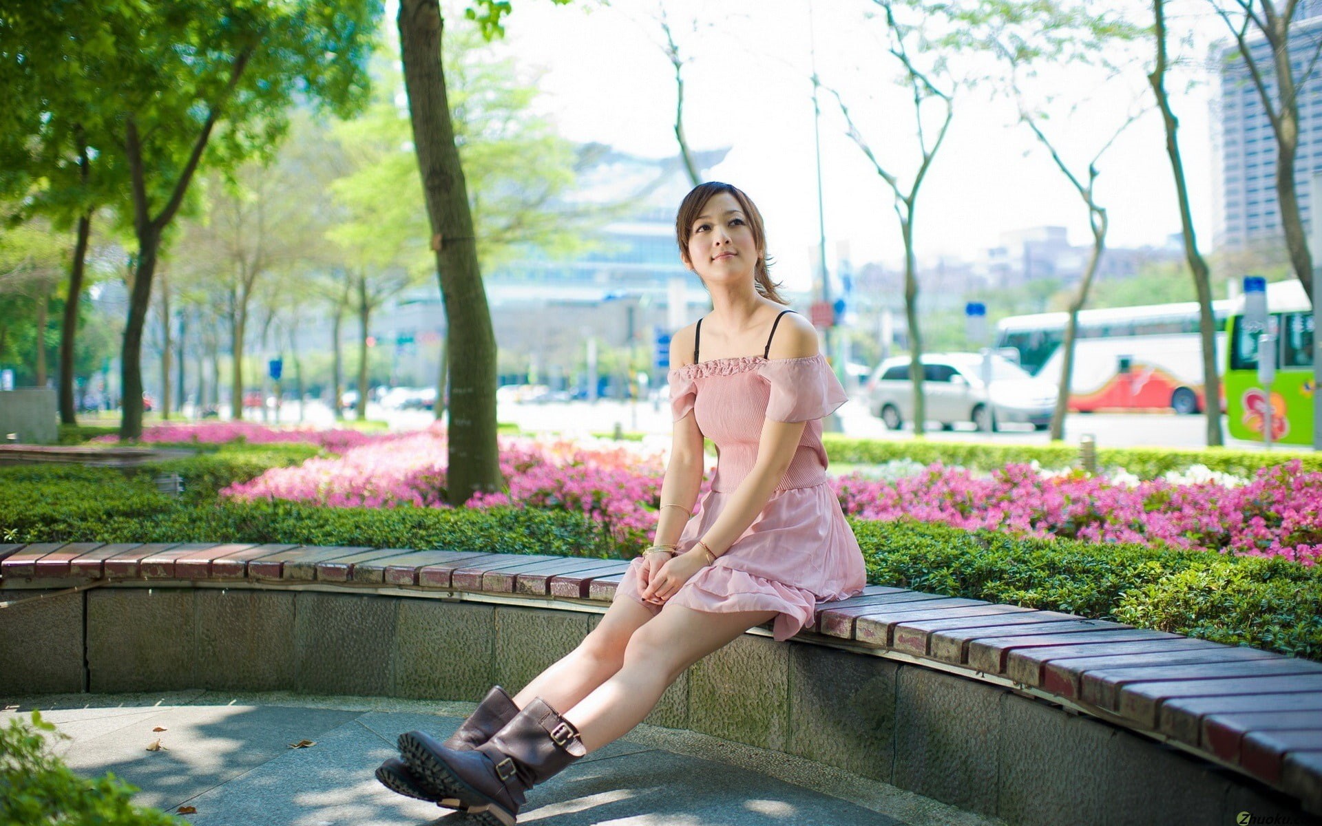 mm, women, pink, sitting, nature, real people, park - man made space, desktop, full length, park, young adult, mikao, beauty, 1080P, adult, portrait, dress, HD Wallpaper