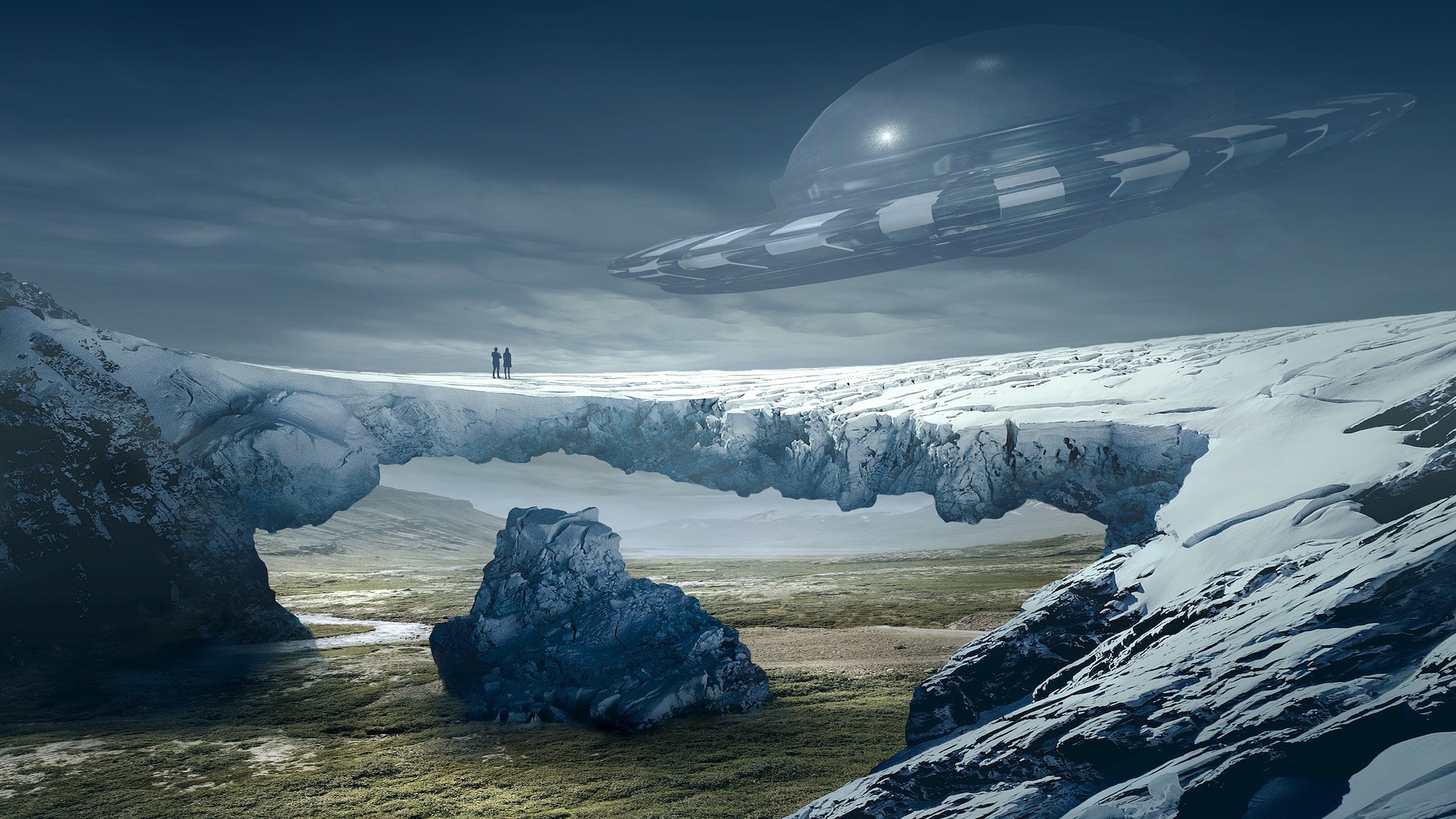 pair, bridge, space, the sky, UFO, snow, open, stones, flight, spaceship, fog, 2K, fiction, flying saucer, future, mountains, clouds, field, another world, HD Wallpaper
