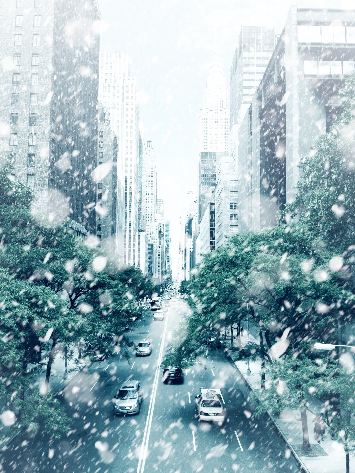 highway, car, land vehicle, skyscraper, day, building exterior, city, photo effect, metropolis, new york, snow, motor vehicle, city life, motion, christmas, Phone HD Wallpaper