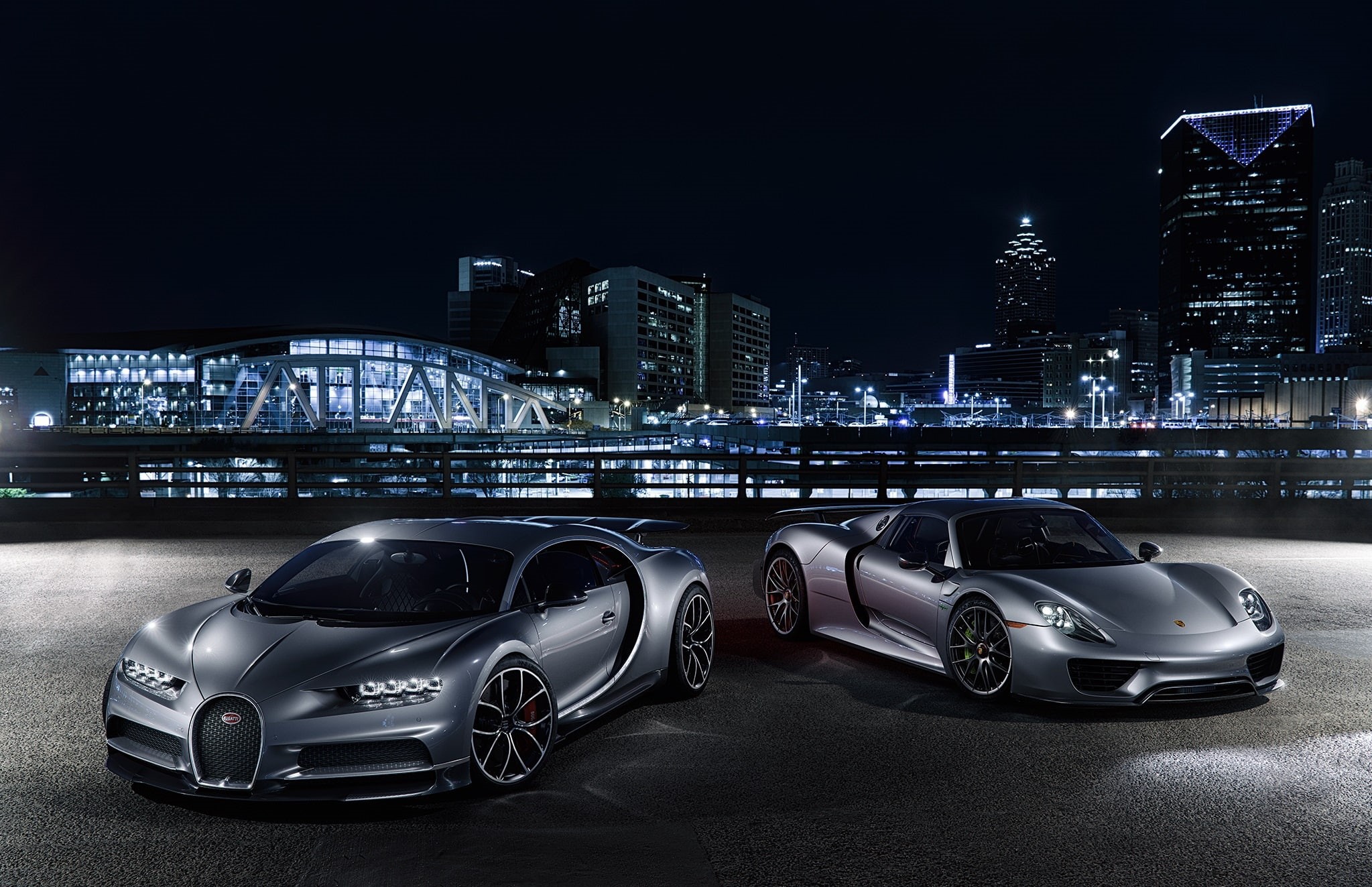 1080P, City, Lights, Porsche, Chiron, Bugatti, Silver, Spyder, 918, VAG, HD Wallpaper