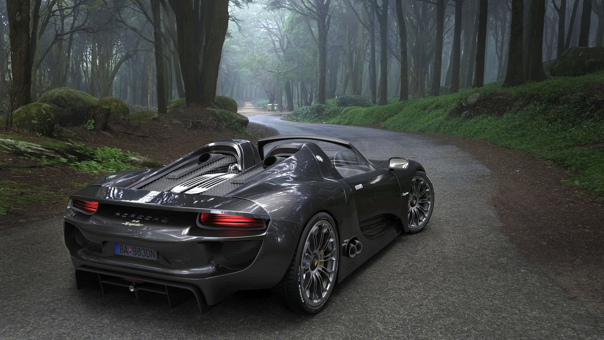 Porsche, render, 1080P, car, forest, fall, morning, road, Porsche 918 Spyder, mist, HD Wallpaper
