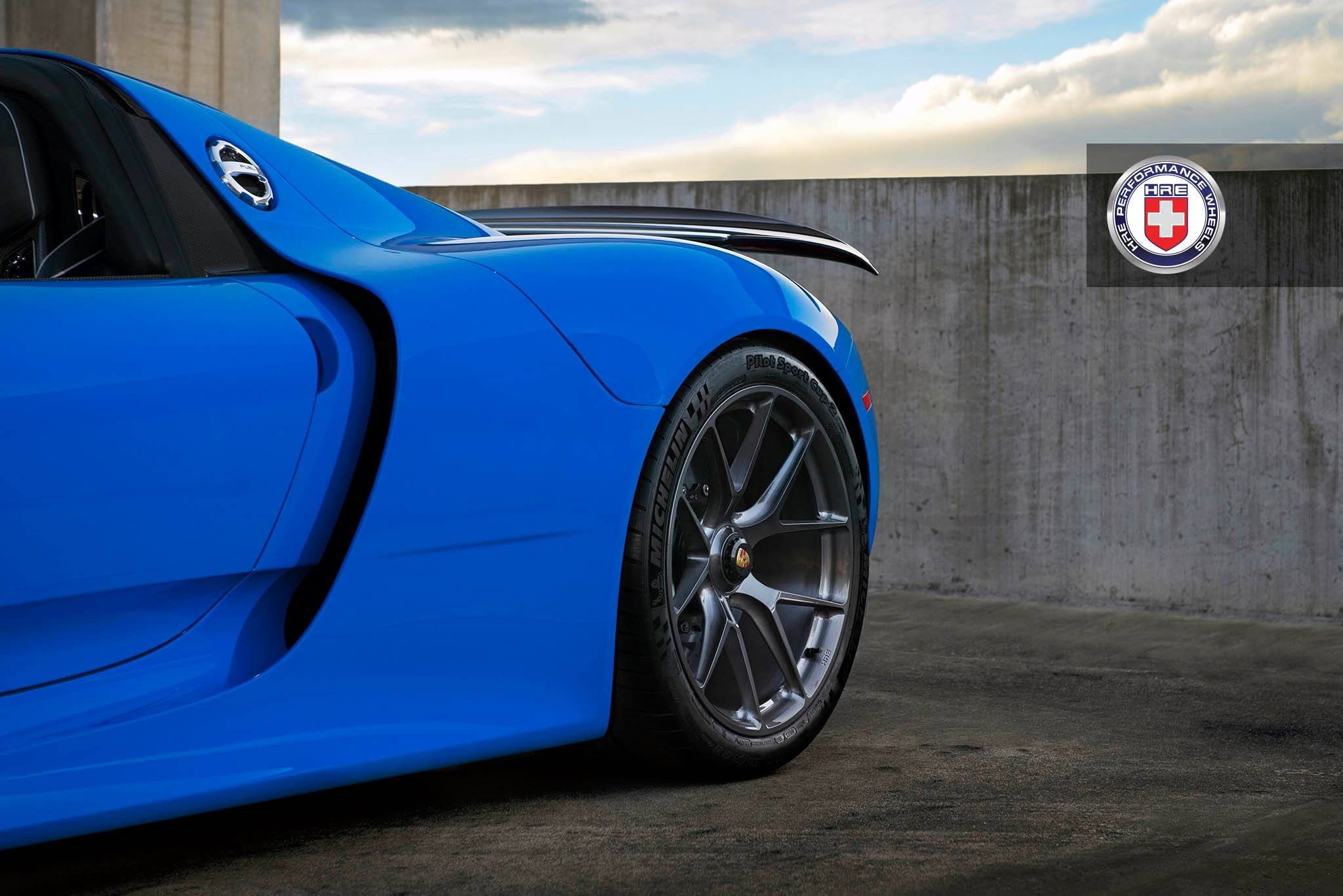 blue, stationary, motor vehicle, cloud - sky, Porsche 918 Spyder, sky, car, no people, 1080P, HRE Performance Wheels, road, German cars, outdoors, wealth, HD Wallpaper