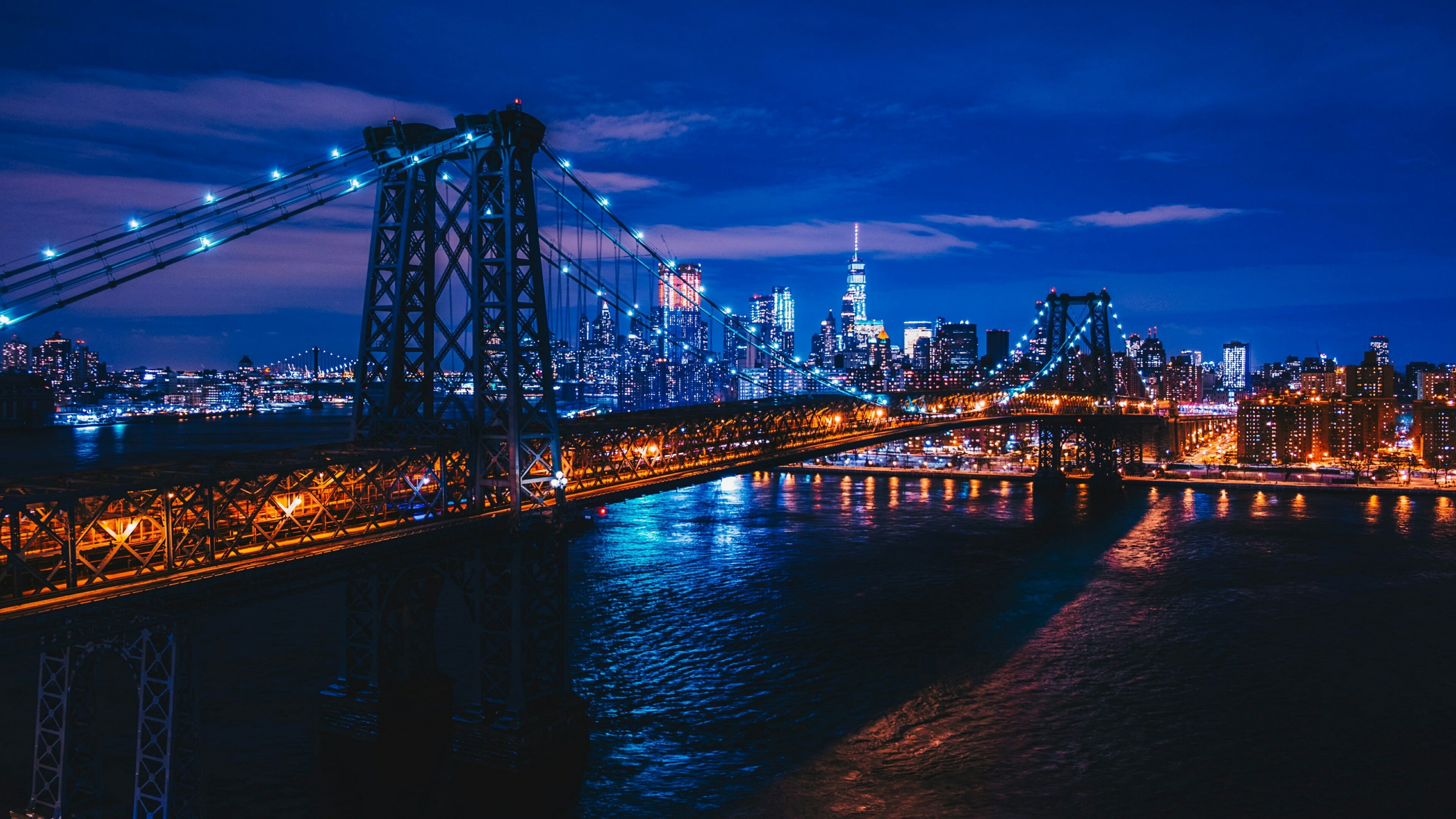 city, united states, manhattan, water, cityscape, bridge, 4K, usa, lower manhattan, night, skyline, new york city, williamsburg bridge, sky, metropolis, HD Wallpaper