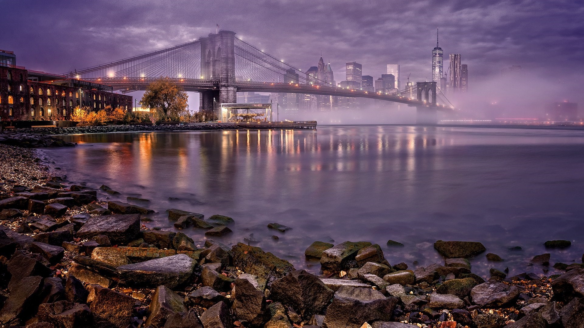 manhattan, misty, river, skyline, lower manhattan, brooklyn bridge, purple cityscape, united states, new york city, cityscape, 1080P, bridge, nyc, new york, HD Wallpaper