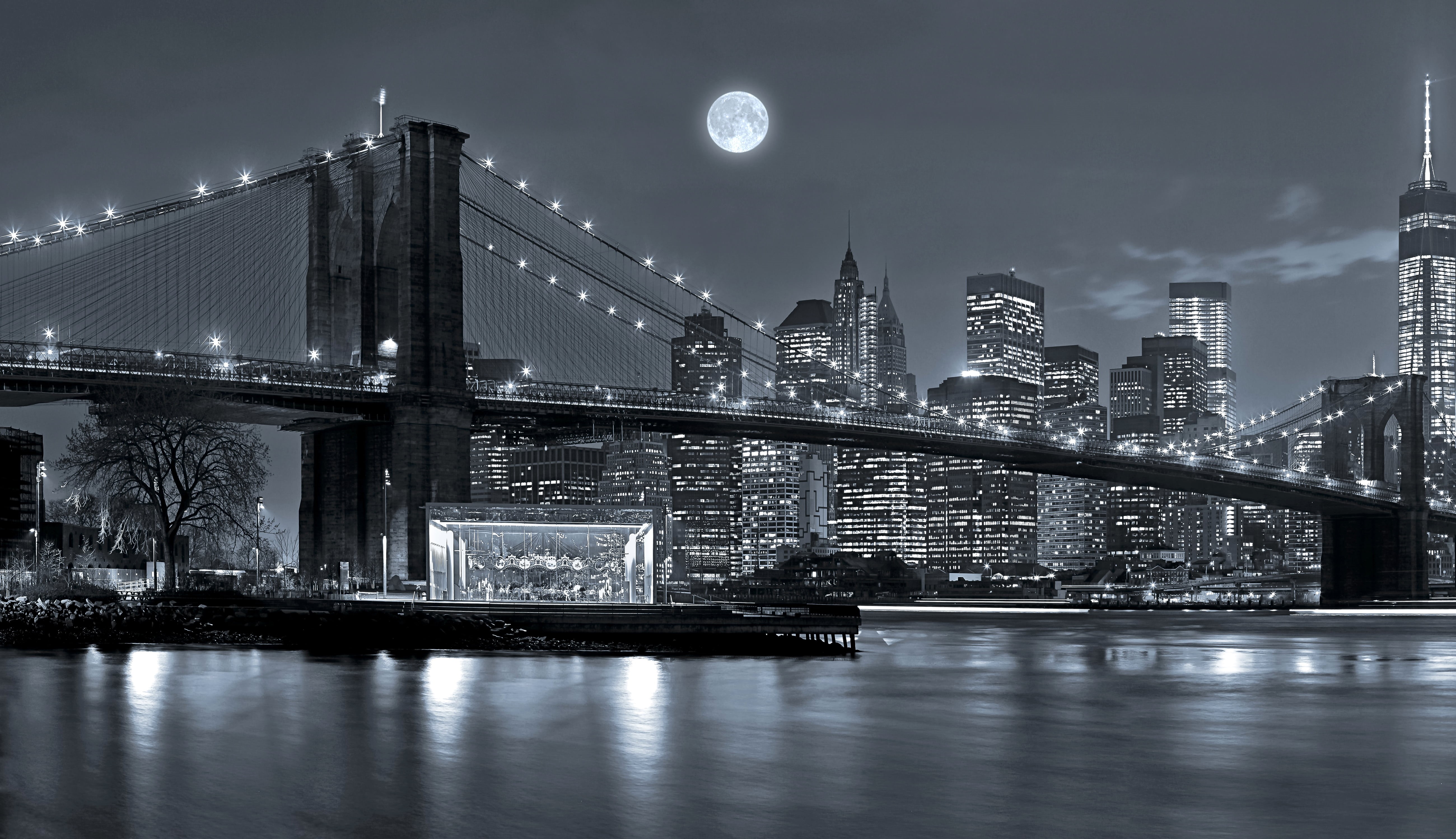 office building exterior, USA, illuminated, reflection, manhattan Financial District, manhattan - New York City, york, black and white, connection, bridge, HD Wallpaper