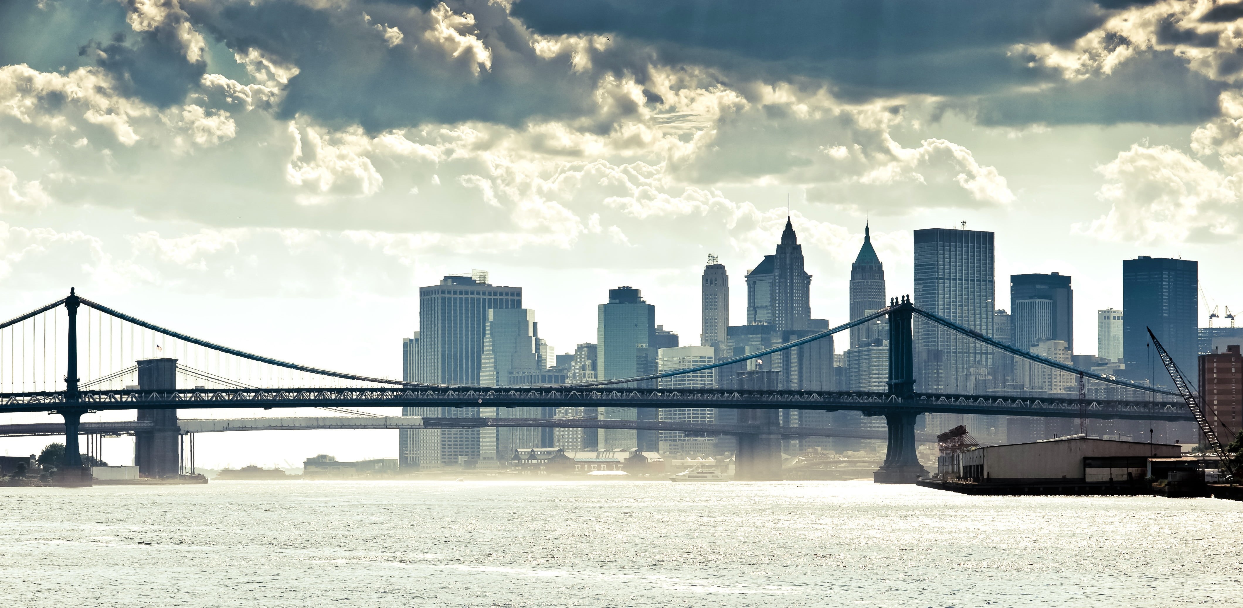 manhattan, city, engineering, manhattan Bridge, urban Scene, 4K, brooklyn - New York, bay, dumbo, cityscape, hudson River, built Structure, cloud - sky, HD Wallpaper