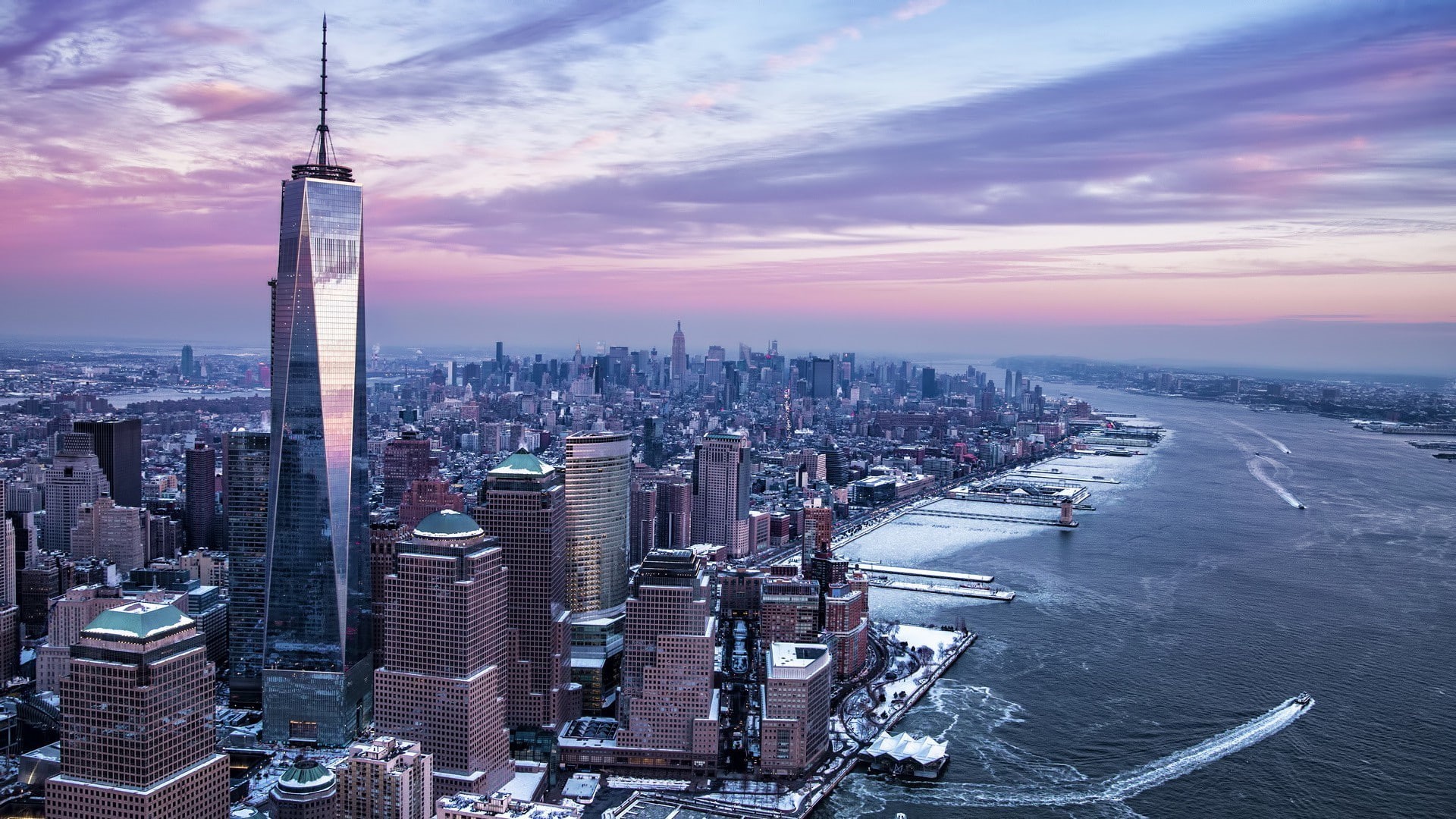 1080P, Hudson River, city, New York City, One World Trade Center, dom Tower, winter, USA, Manhattan, river, HD Wallpaper