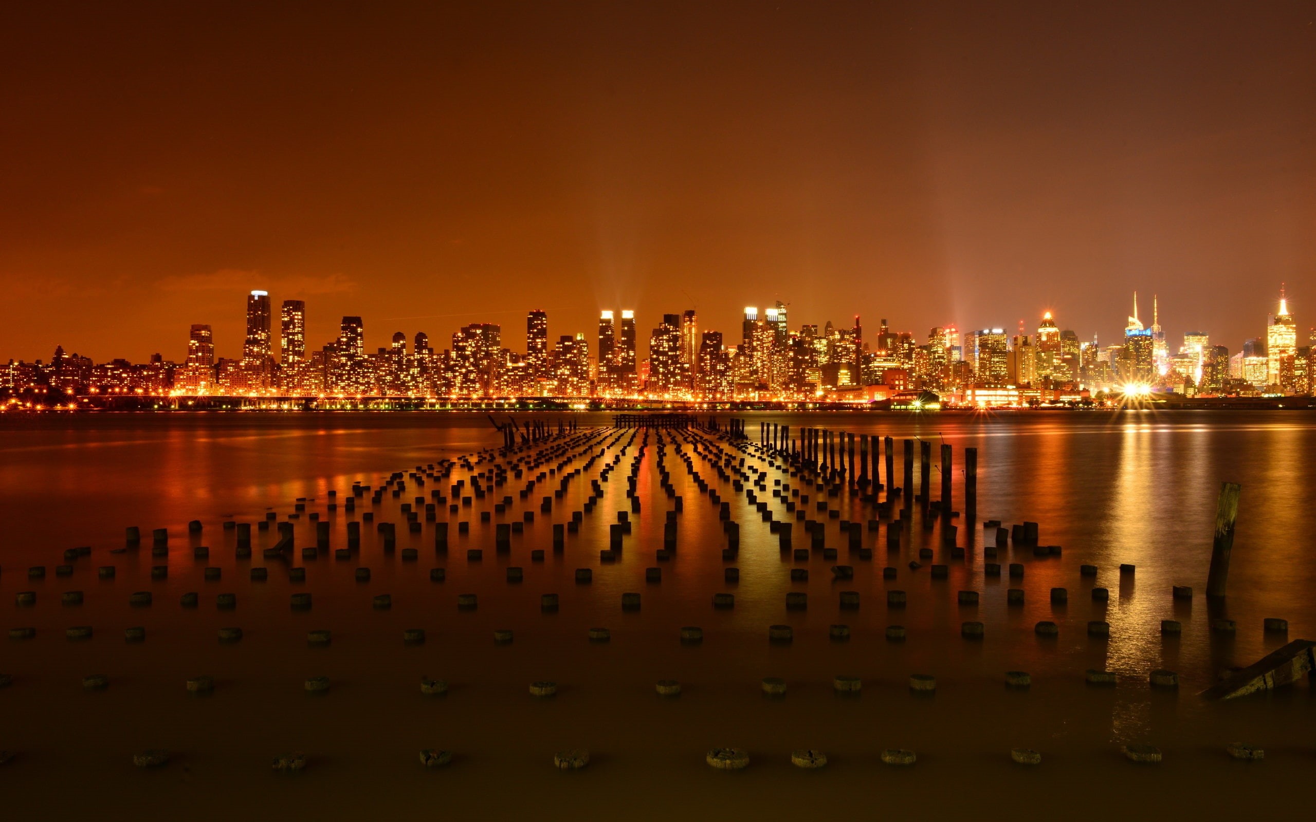 Skyscrapers, 2K, USA, York, River, New, City, Night, Pier, Lights, Hudson, HD Wallpaper