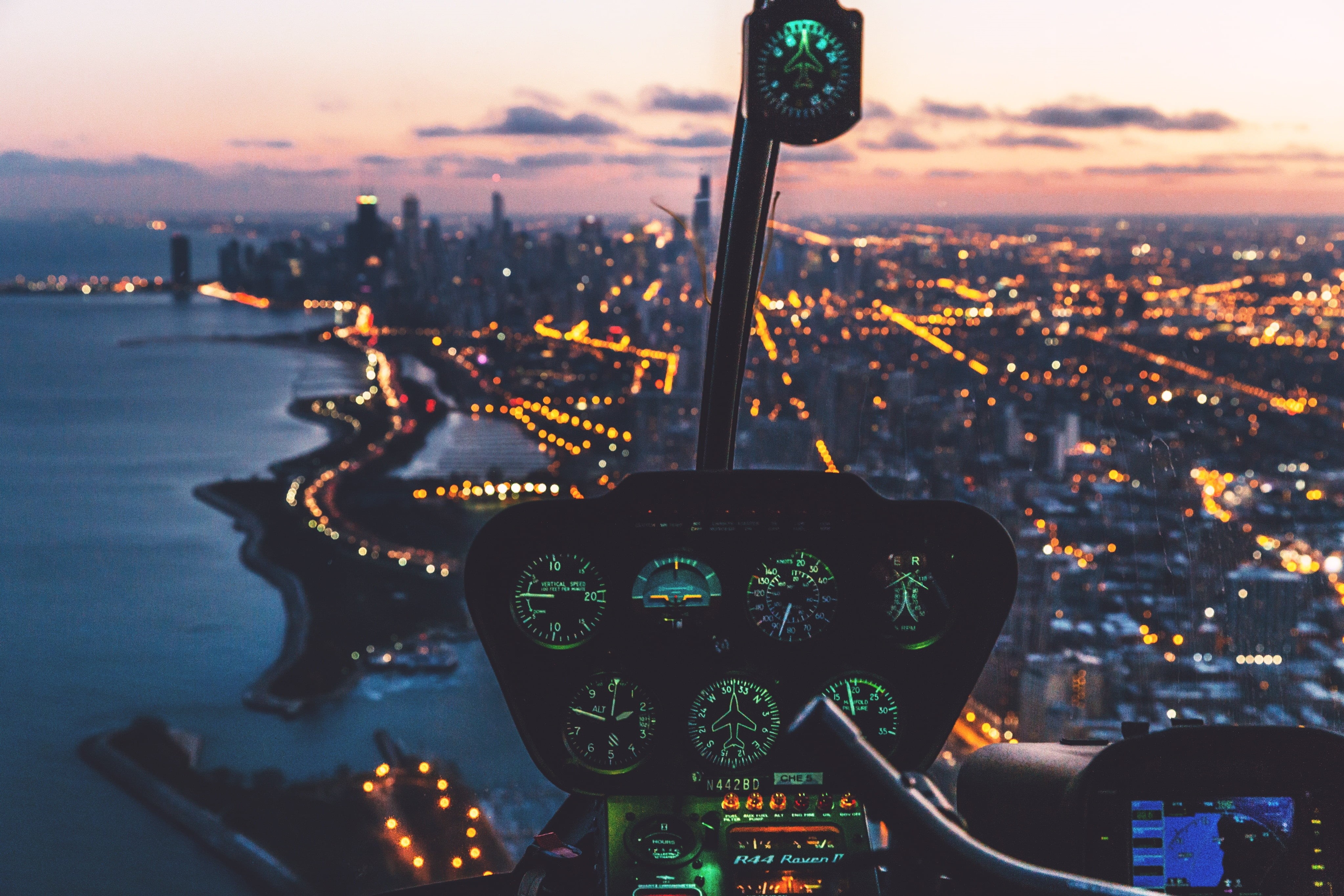 illuminated, no people, glare, nature, city, water, dusk, building exterior, river, outdoors, control panel, helicopter, architecture, transportation, 4K, HD Wallpaper