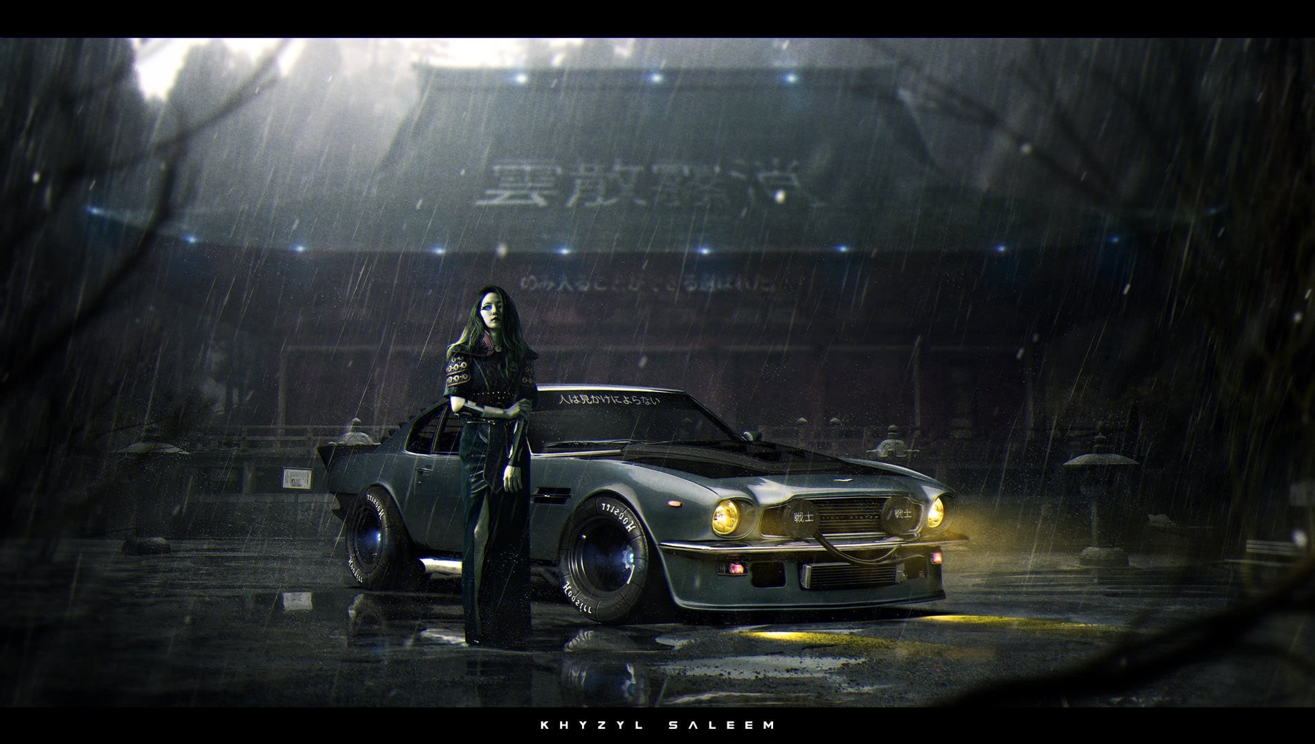 road, illustration, transfer print, windshield, rain, mode of transportation, city, Aston Martin Vantage 1977, land vehicle, Khyzyl Saleem, futuristic, HD Wallpaper
