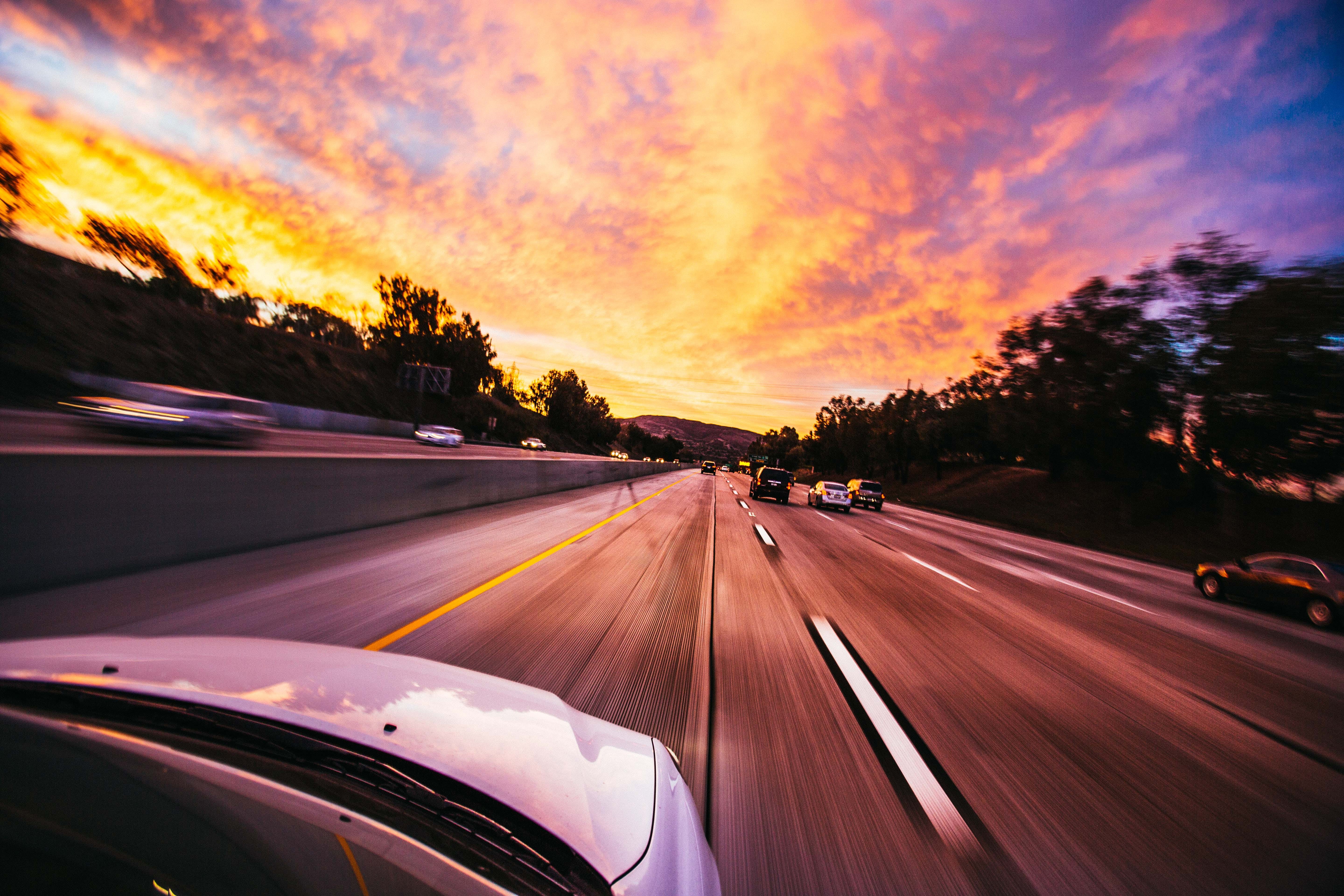 blurred motion, no people, dawn, motion, road, automobile, street, automotive, on the move, cloud - sky, 5K, traffic, action, asphalt, outdoors, beautiful, HD Wallpaper