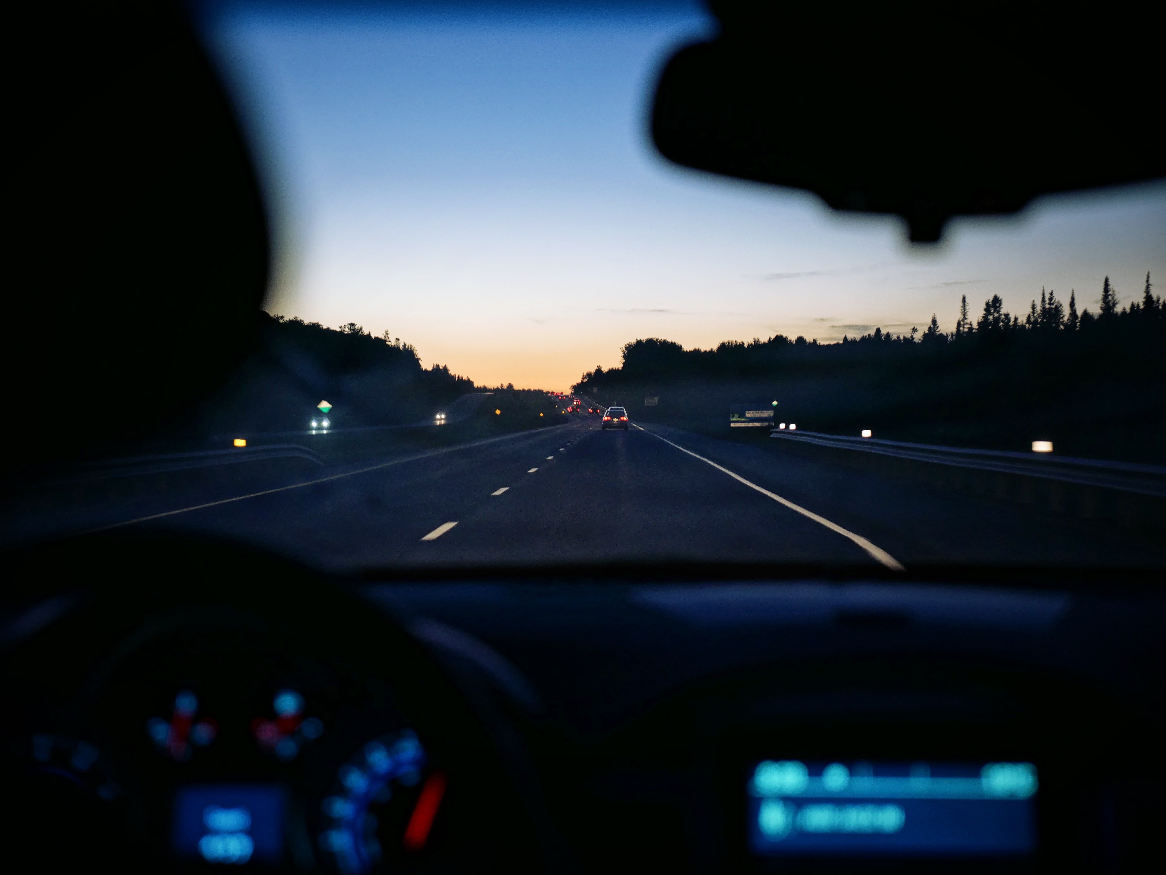 sky, indoors, trip, car point of view, lights, road, 4K, dark, transportation, mode of transportation, car, control panel, windshield, drive, vehicle interior, HD Wallpaper