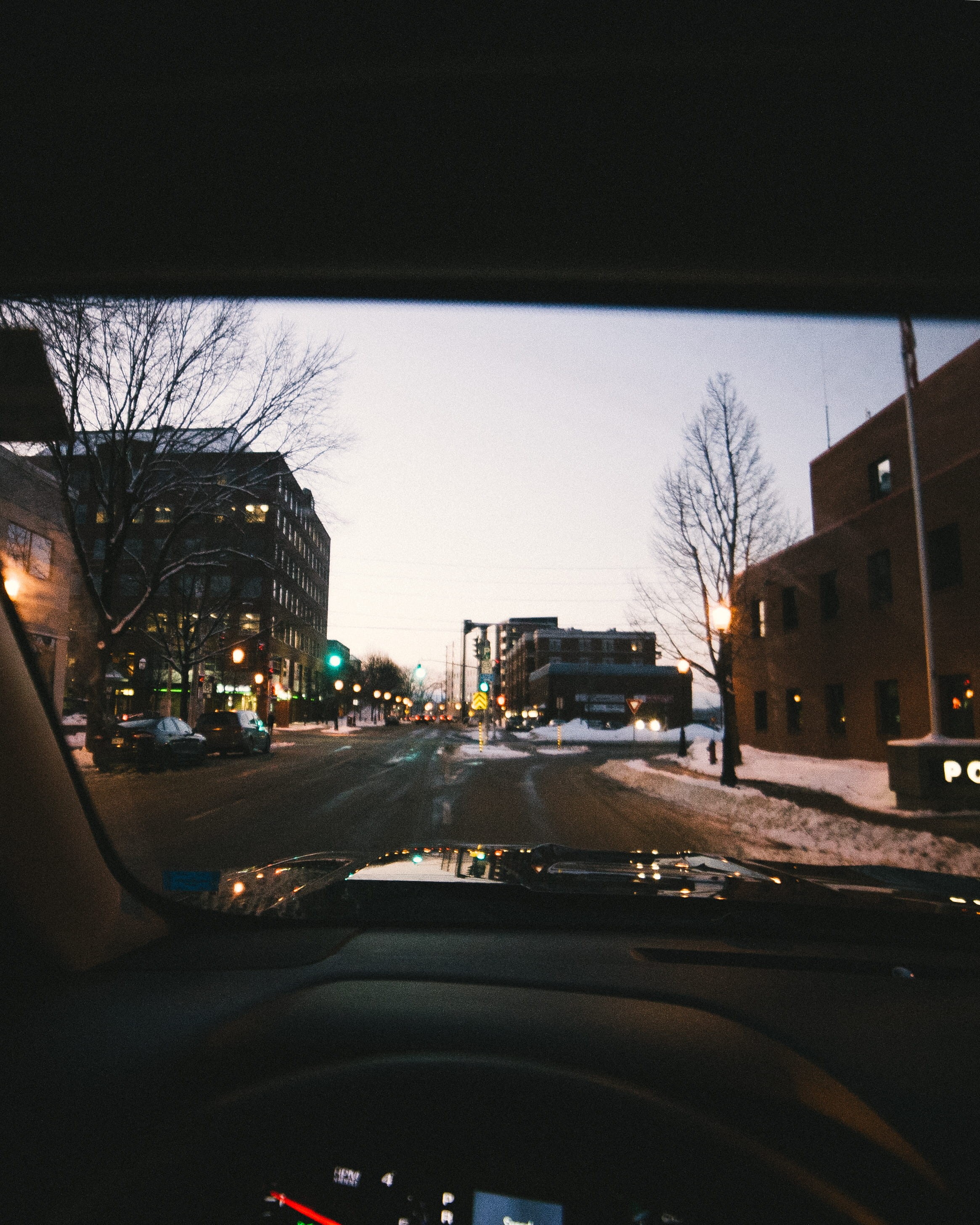 car, bare tree, land vehicle, tree, canada, mode of transportation, glass - material, windshield, building exterior, outdoors, fredericton, 2K, car point of view, Phone HD Wallpaper
