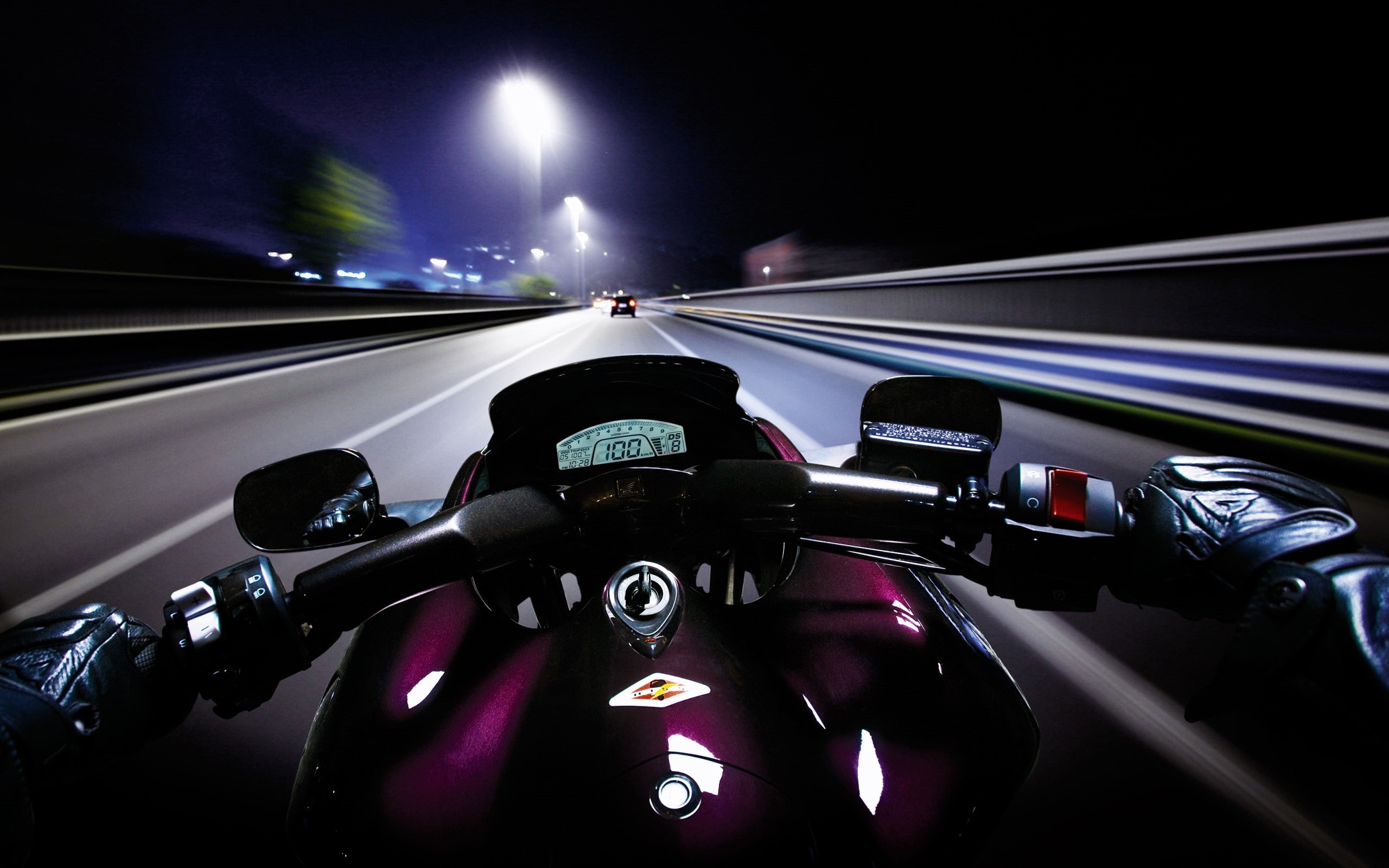 motorcycle, speedometer, no people, control panel, point of view, speed, purple, illuminated, car, road, dashboard, night, long exposure, city, blurred motion, HD Wallpaper