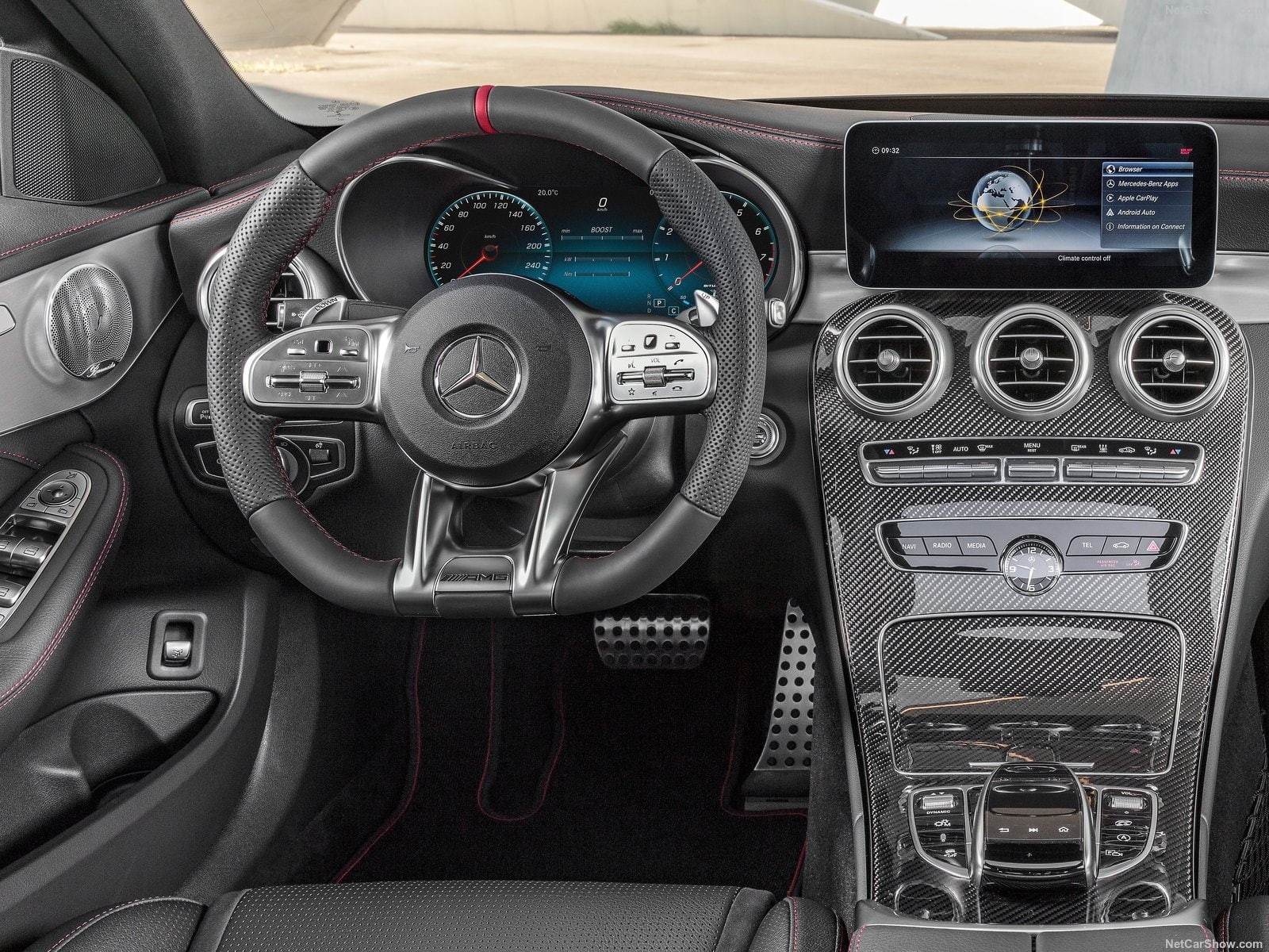transportation, motor vehicle, 2019 Mercedes-Benz C43 AMG 4Matic, close-up, mode of transportation, 720P, technology, control, luxury, indoors, modern, HD Wallpaper