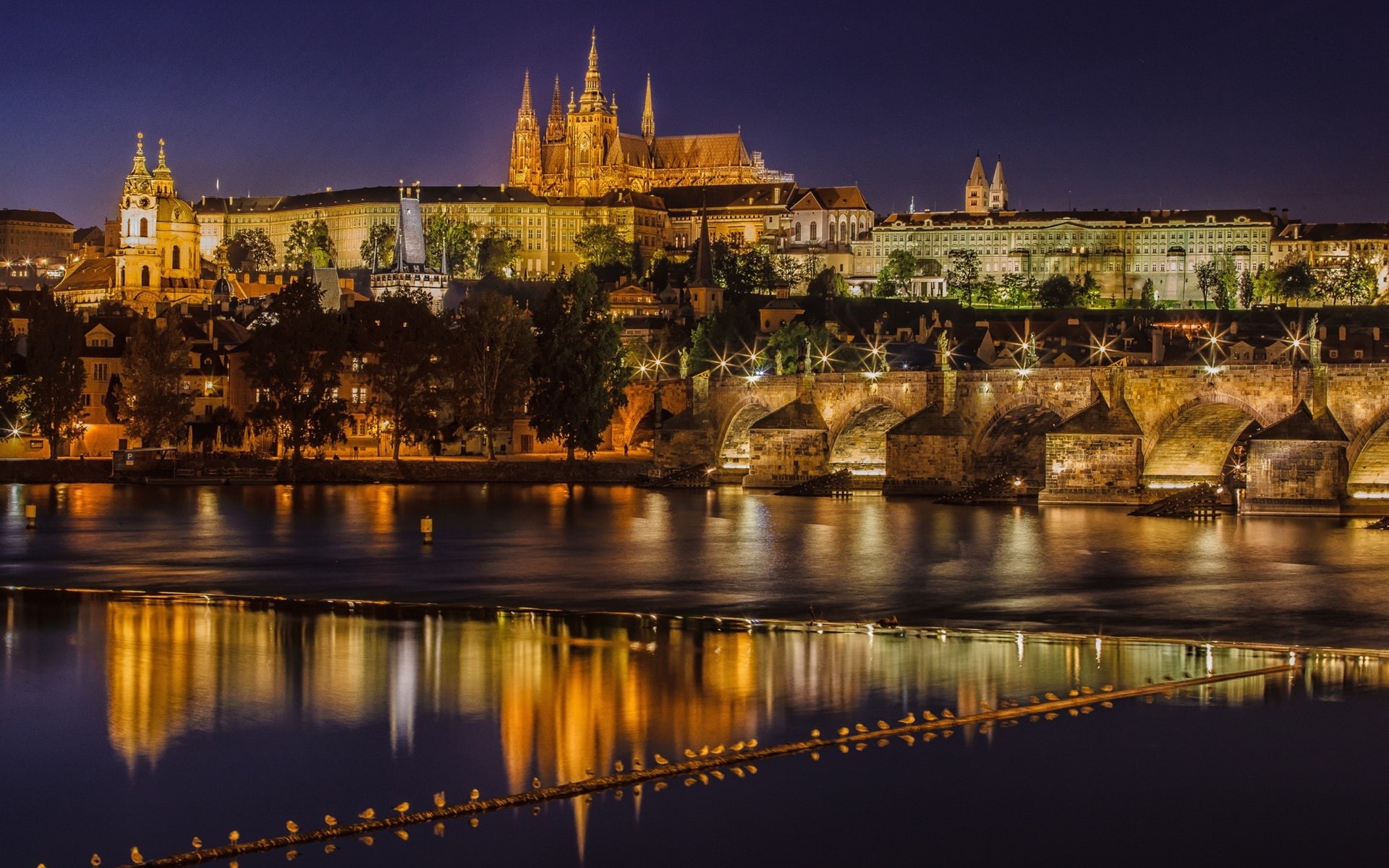 Prague, 1080P, Night, Bridge, River, Czech, Vltava, Republic, Lights, Charles, HD Wallpaper