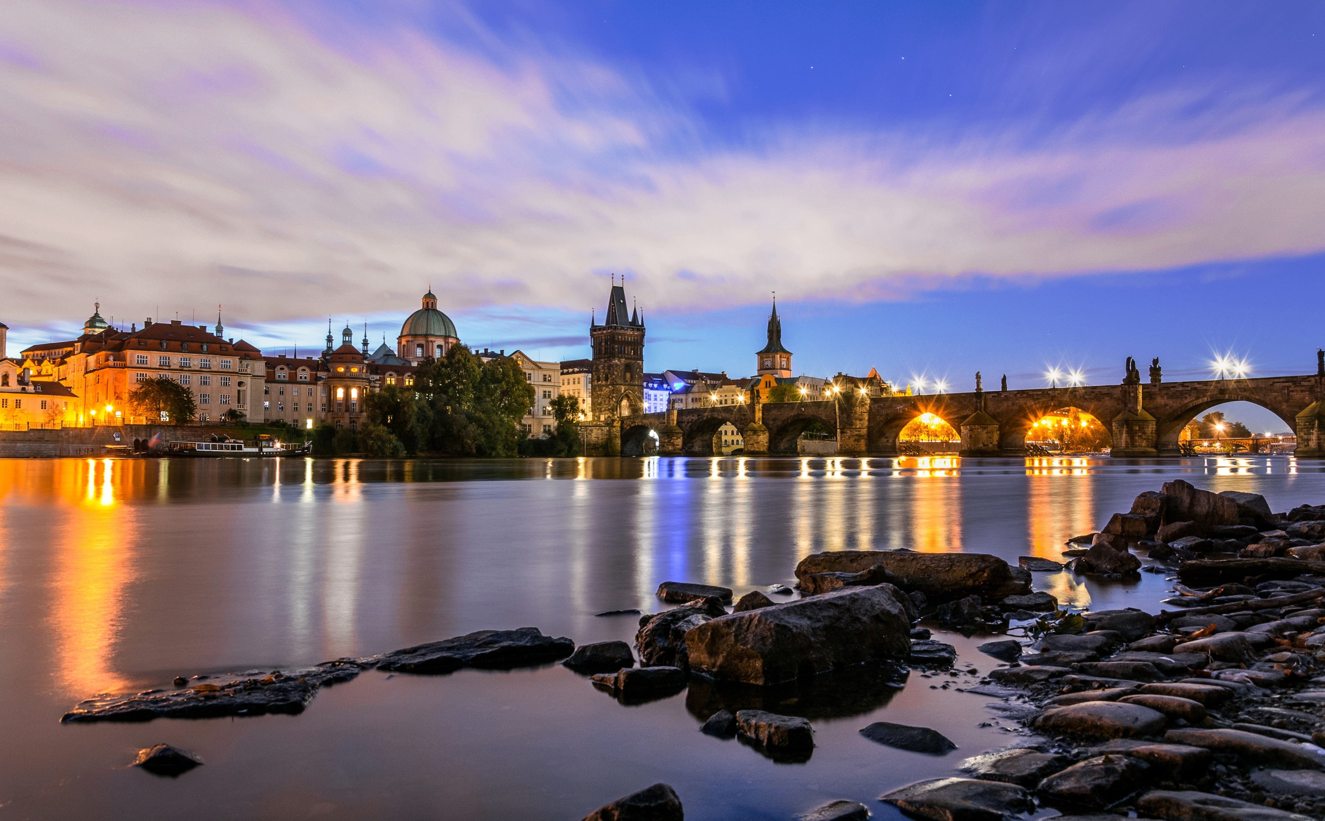 stars, sunrise, charles bridge, bridge, morning, Europe, prague, city, charles, stones, water, Czech Republic, long exposure, 5K, vltava, river, landscape, HD Wallpaper