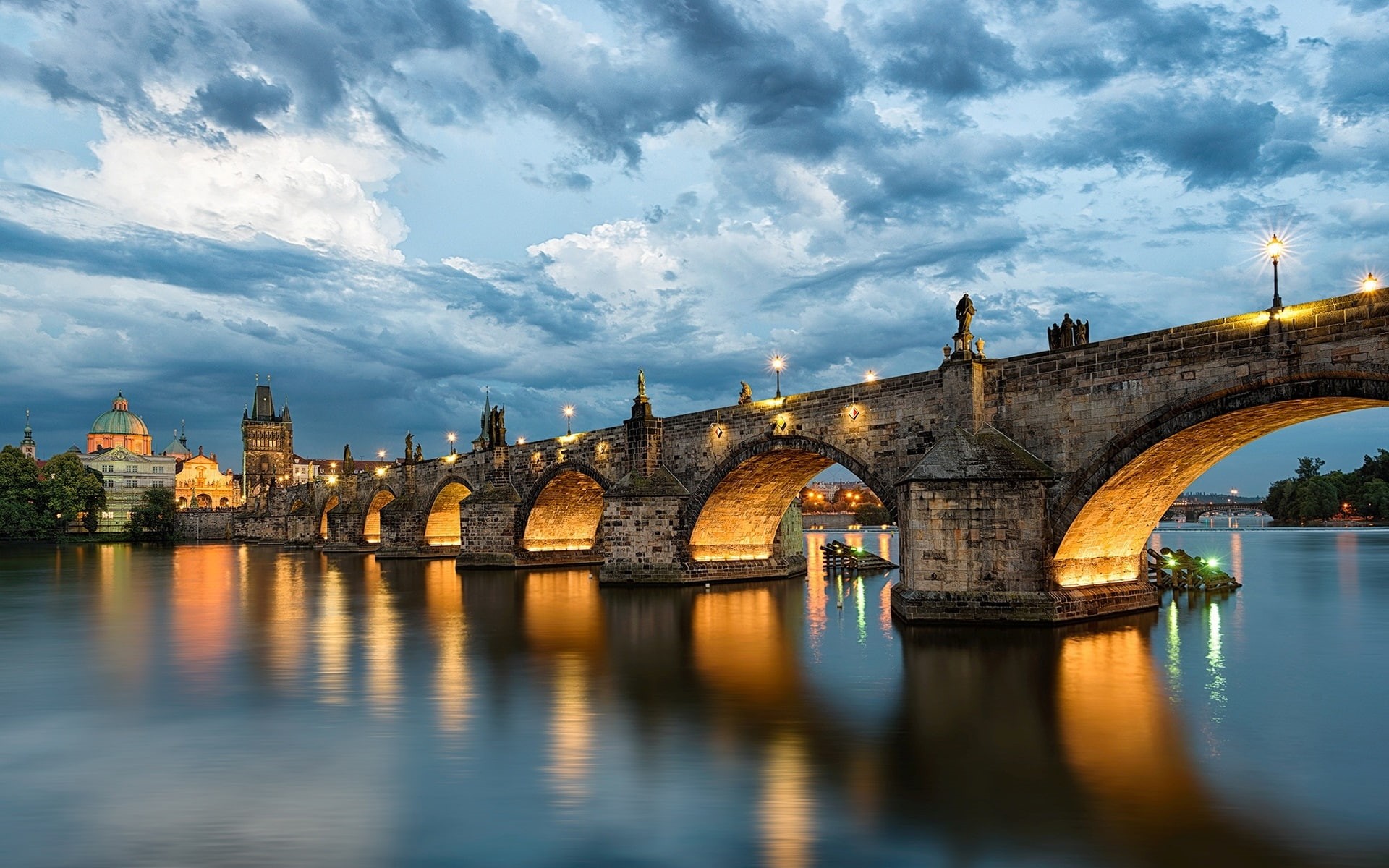 Prague, Vltava, Republic, Evening, River, 1080P, Bridge, Czech, Lights, Charles, HD Wallpaper