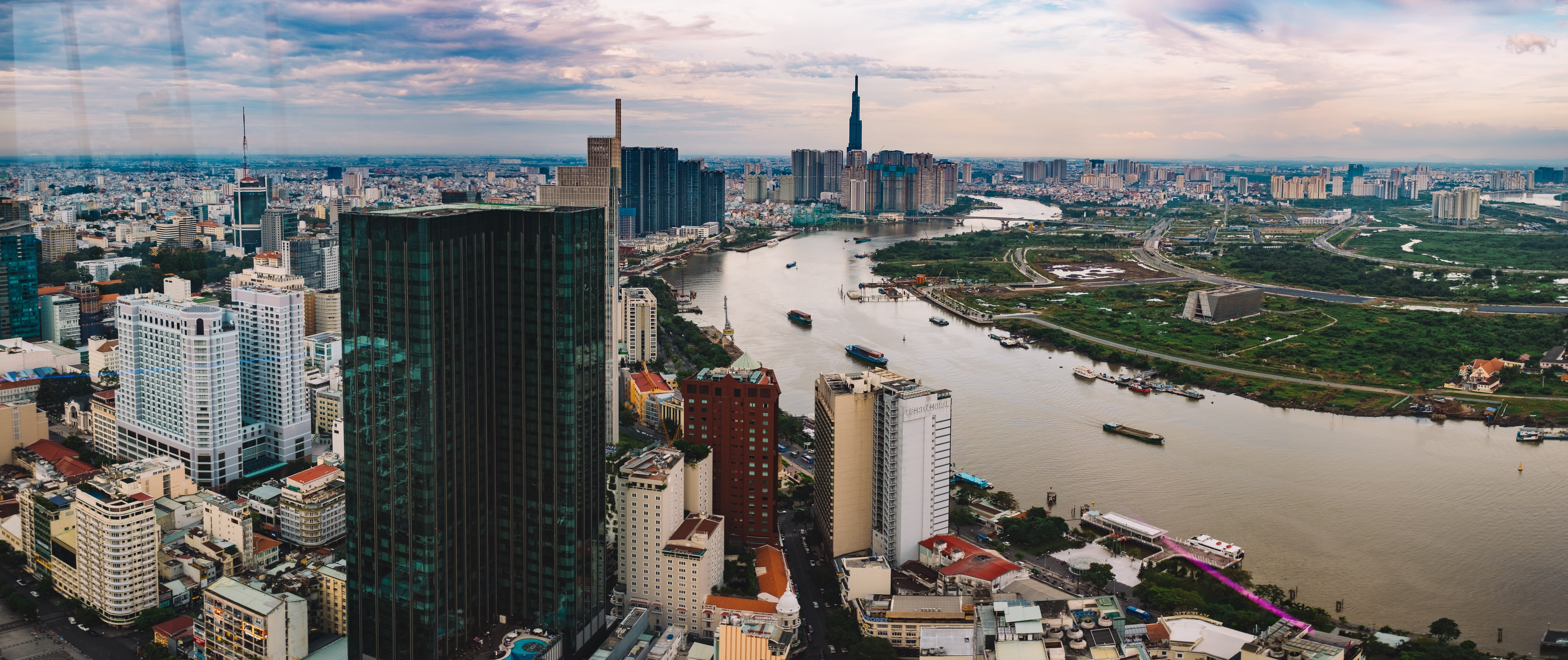 asia, transportation, nautical vessel, day, water, horizon, nature, city, bitexco financial tower, 8K, river, saigan, panorama, urban, ho chi minh saigon city, HD Wallpaper