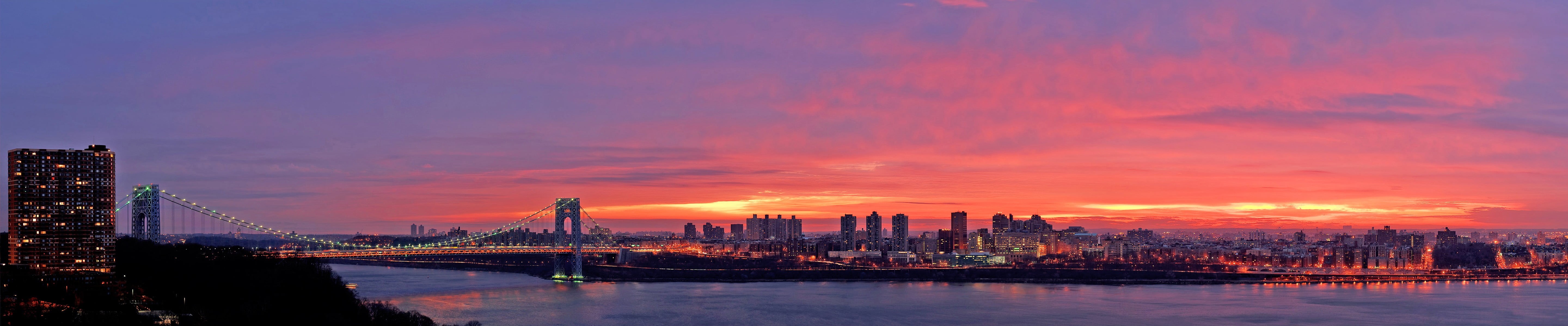 5K, panoramic, New York City, cityscape, outdoors, transportation, suspension, built structure, illuminated, skyscraper, urban skyline, city, travel destinations, HD Wallpaper