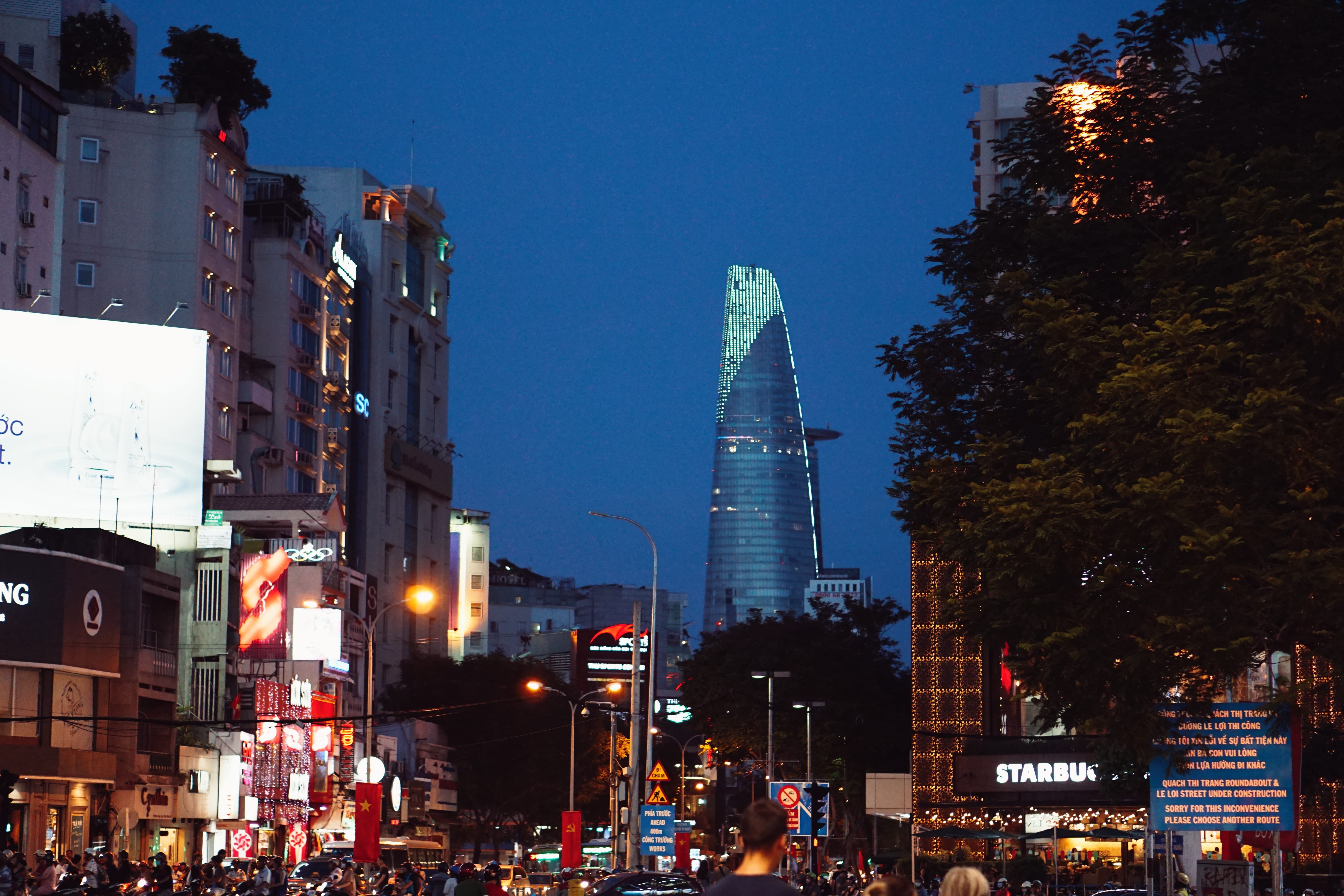 built structure, building, tree, outdoors, skyscraper, saigon, city, vietnam, transportation, nature, light, modern, tall - high, 5K, sky, night, building exterior, HD Wallpaper