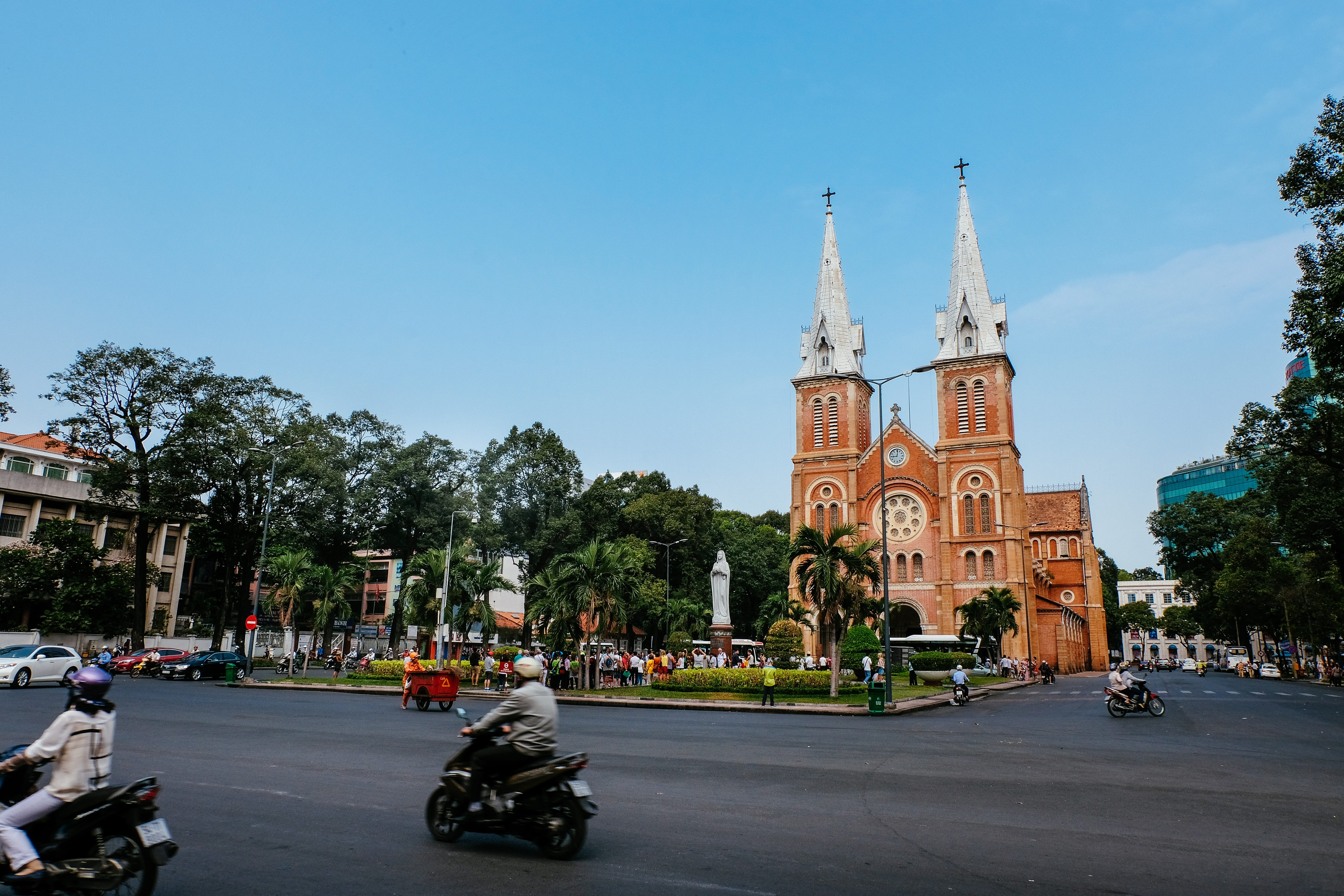 ho chi minh, nature, transportation, place of worship, road, sky, church, cathedral, land vehicle, street, asia, built structure, plant, saigon, trees, HD Wallpaper