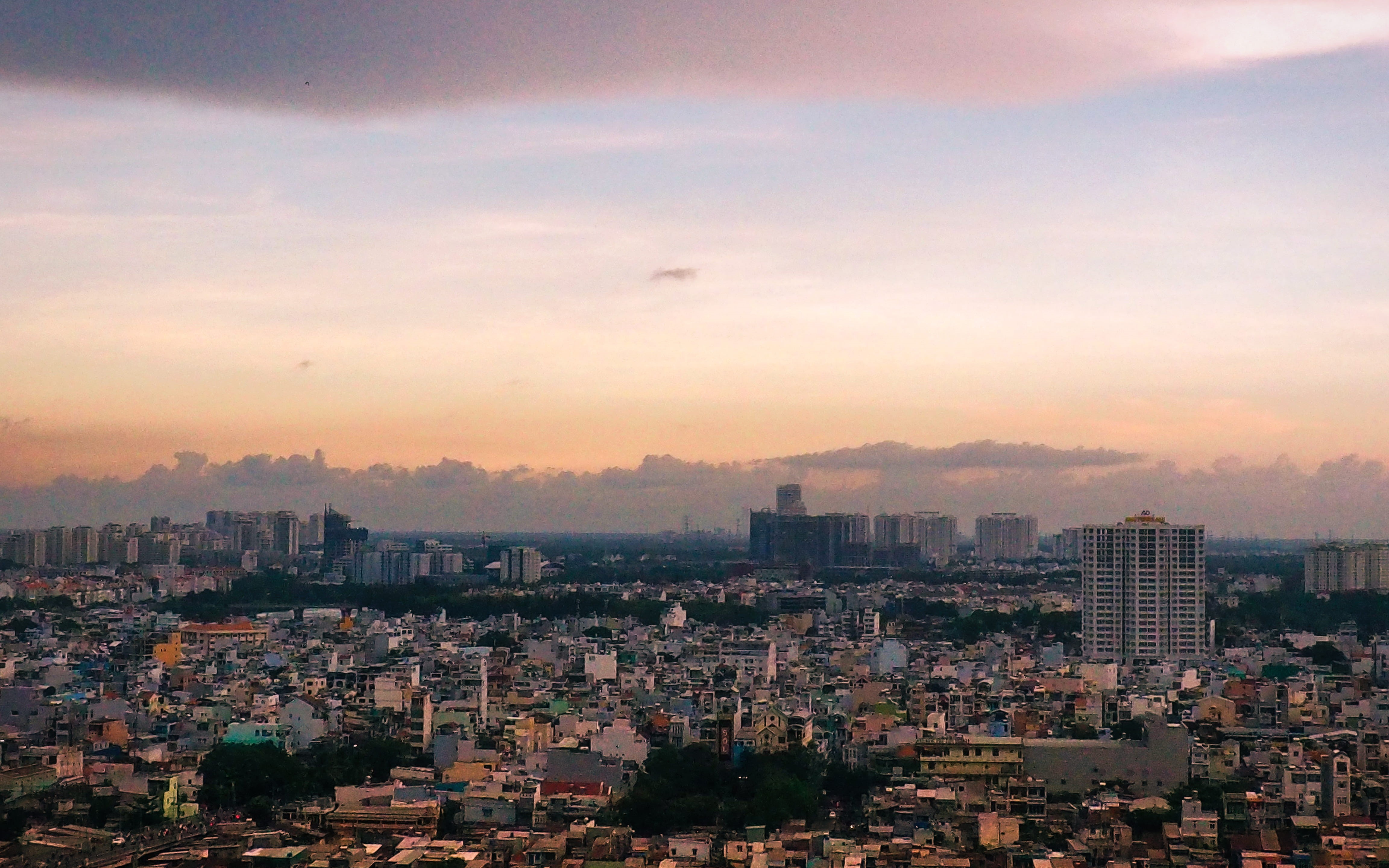 landscape, urban skyline, building, hcmc, sunset, pink, romantic sky, cityscape, clouds, vietnam, buildings, nature, office building exterior, architecture, HD Wallpaper