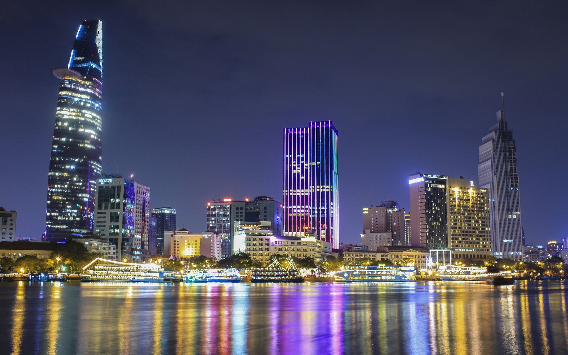 landscape, skyscraper, downtown district, cityscape, modern, financial district, built structure, no people, outdoors, marina, illuminated, Night, City, HD Wallpaper