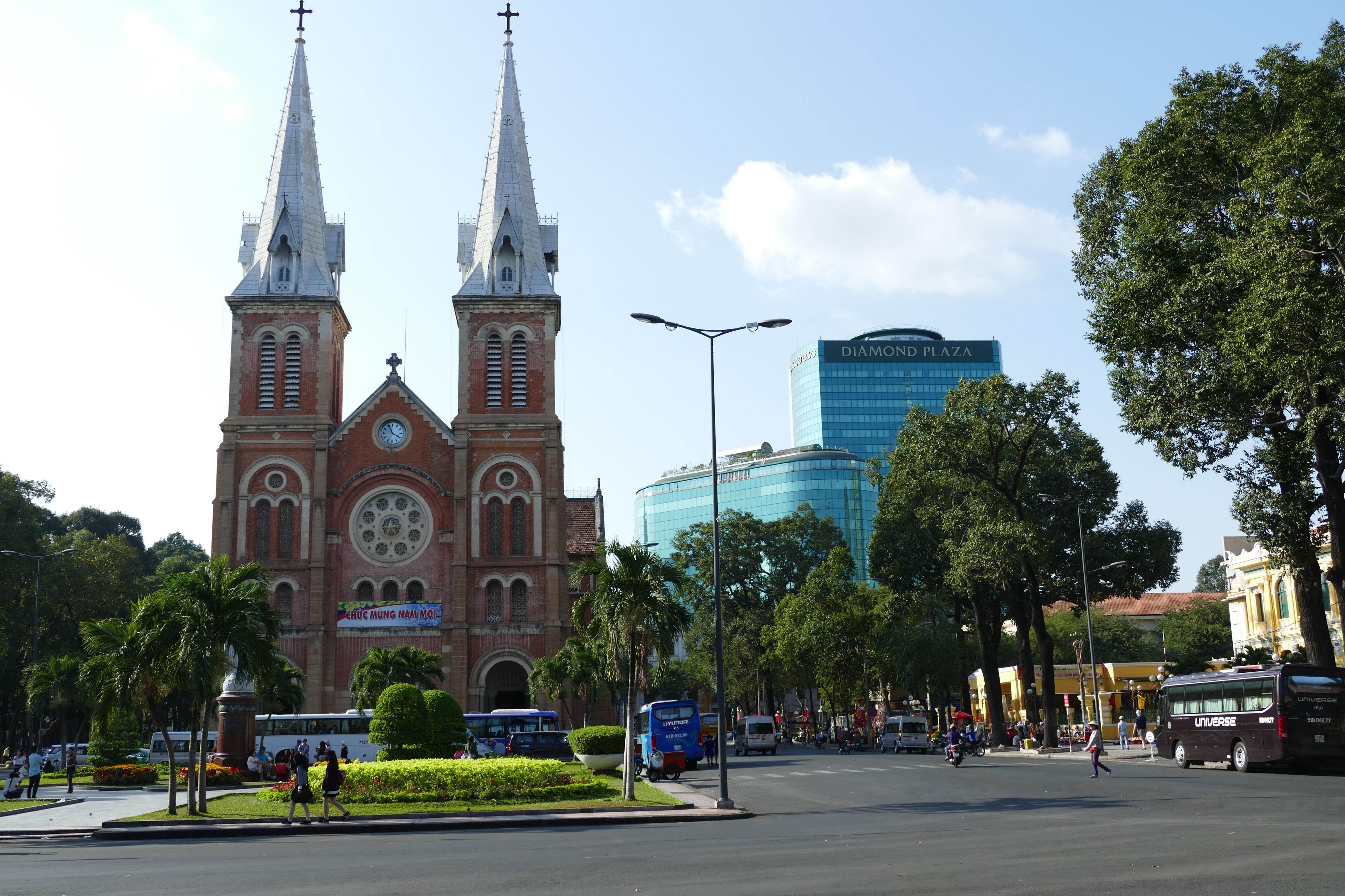 belief, architecture, car, tree, mode of transportation, built structure, nature, spire, building exterior, tower, catholic, religion, ho-chi-minh-city, HD Wallpaper
