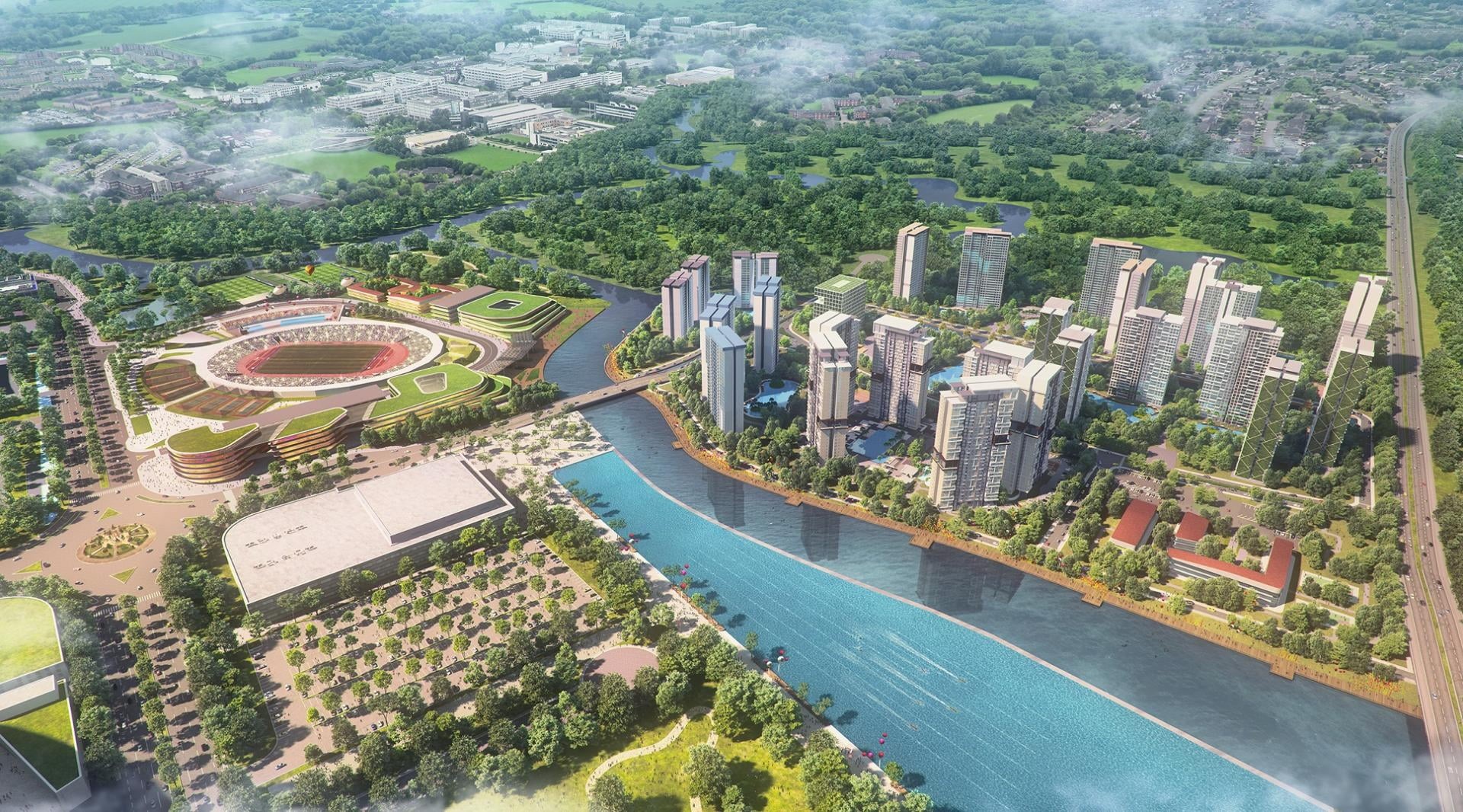 scenics - nature, forest, building, saigon, building exterior, stadium, plant, road, CGI, bridge, outdoors, residential district, water, architecture, cityscape, HD Wallpaper
