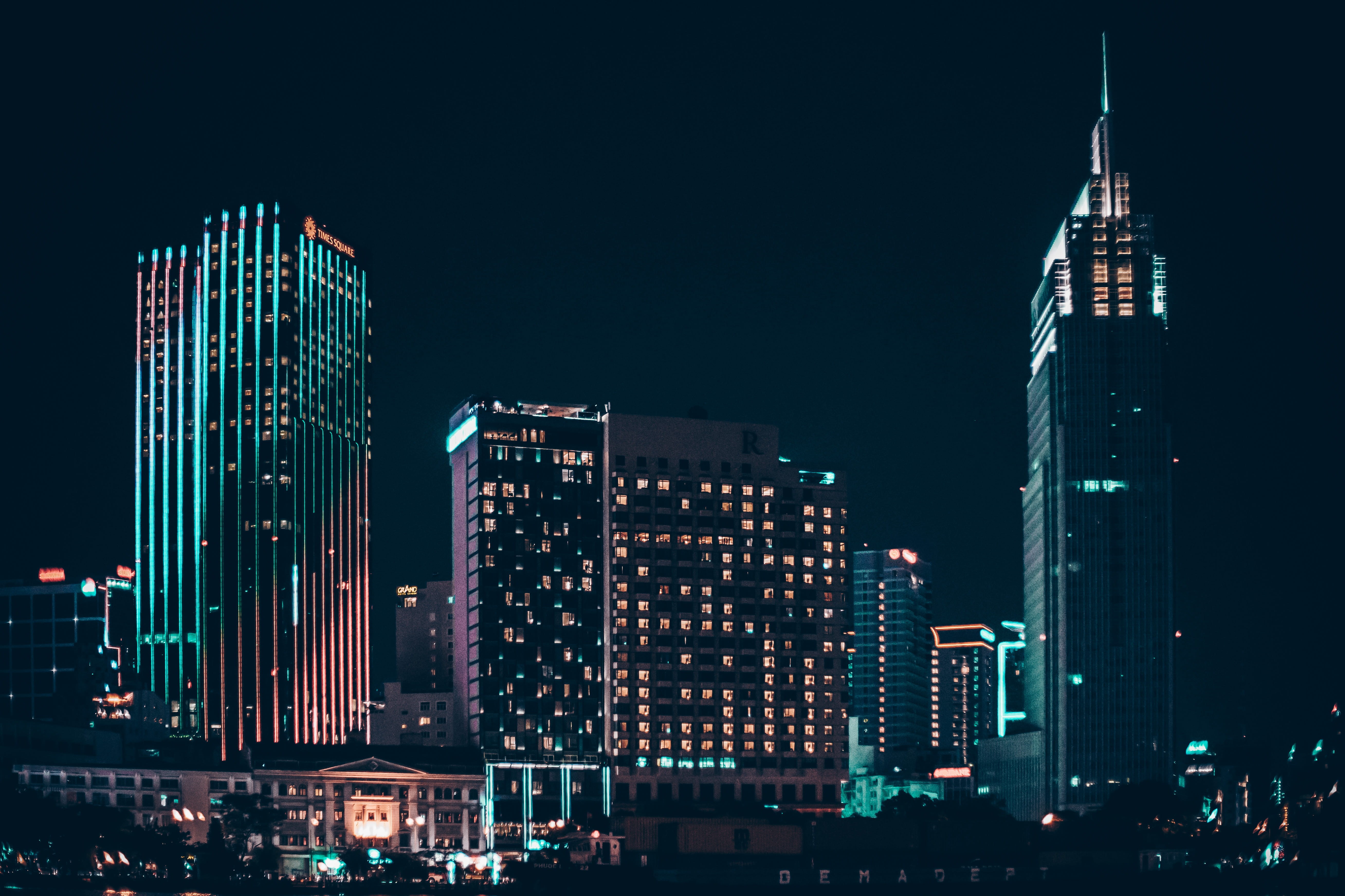 spire, vietnam, financial district, sky, built structure, office, night, tower, cityscape, travel destinations, landscape, 5K, city, urban, illuminated, HD Wallpaper
