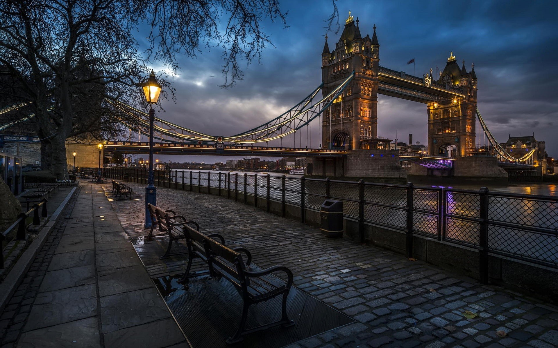 England, 1080P, street, River Thames, street light, London, cobblestone, city, bridge, night, Tower Bridge, HD Wallpaper