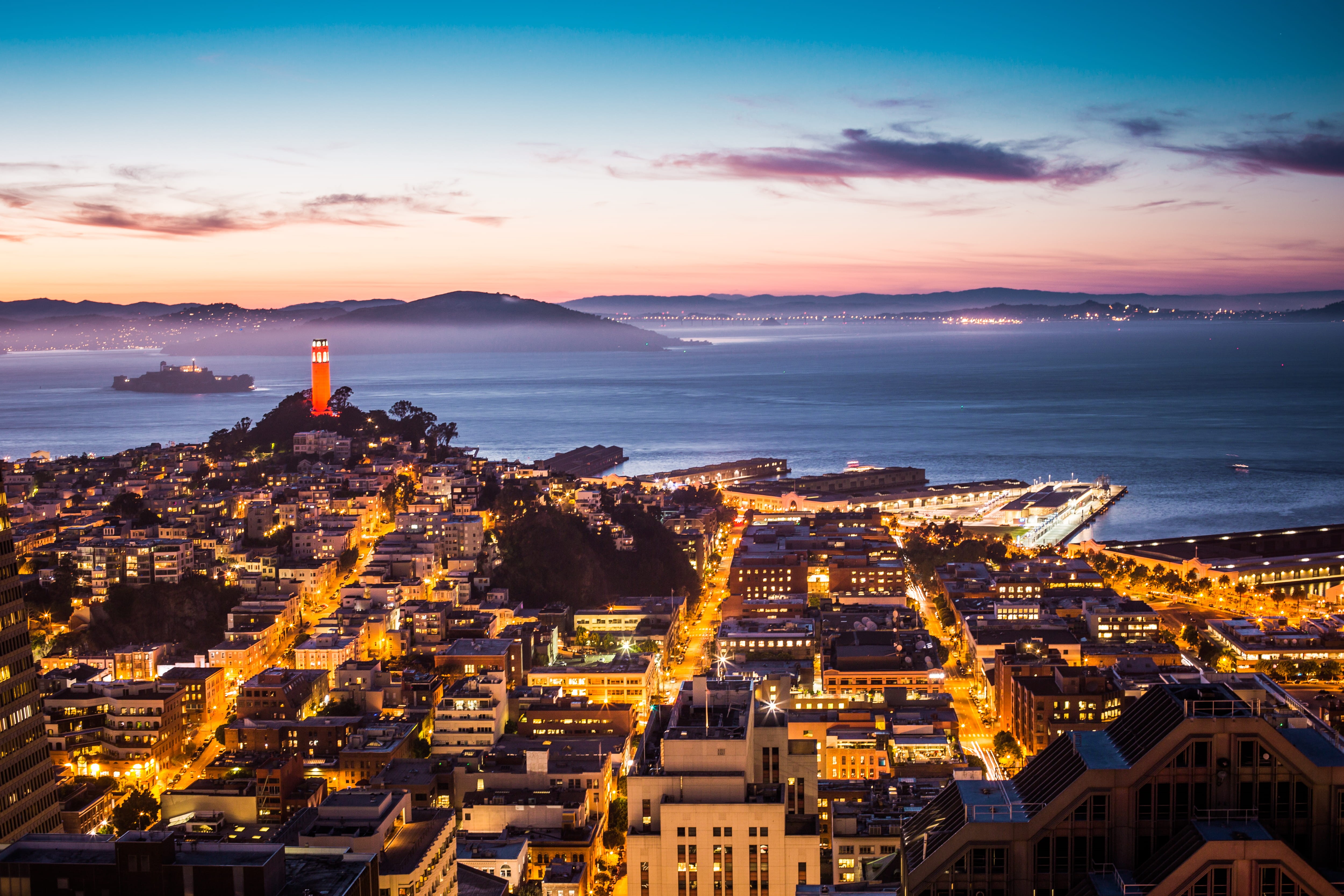 built structure, dusk, night, travel destinations, top, coit, san francisco, skyscraper, streets, residential district, cloud - sky, tower, cityscape, city, HD Wallpaper