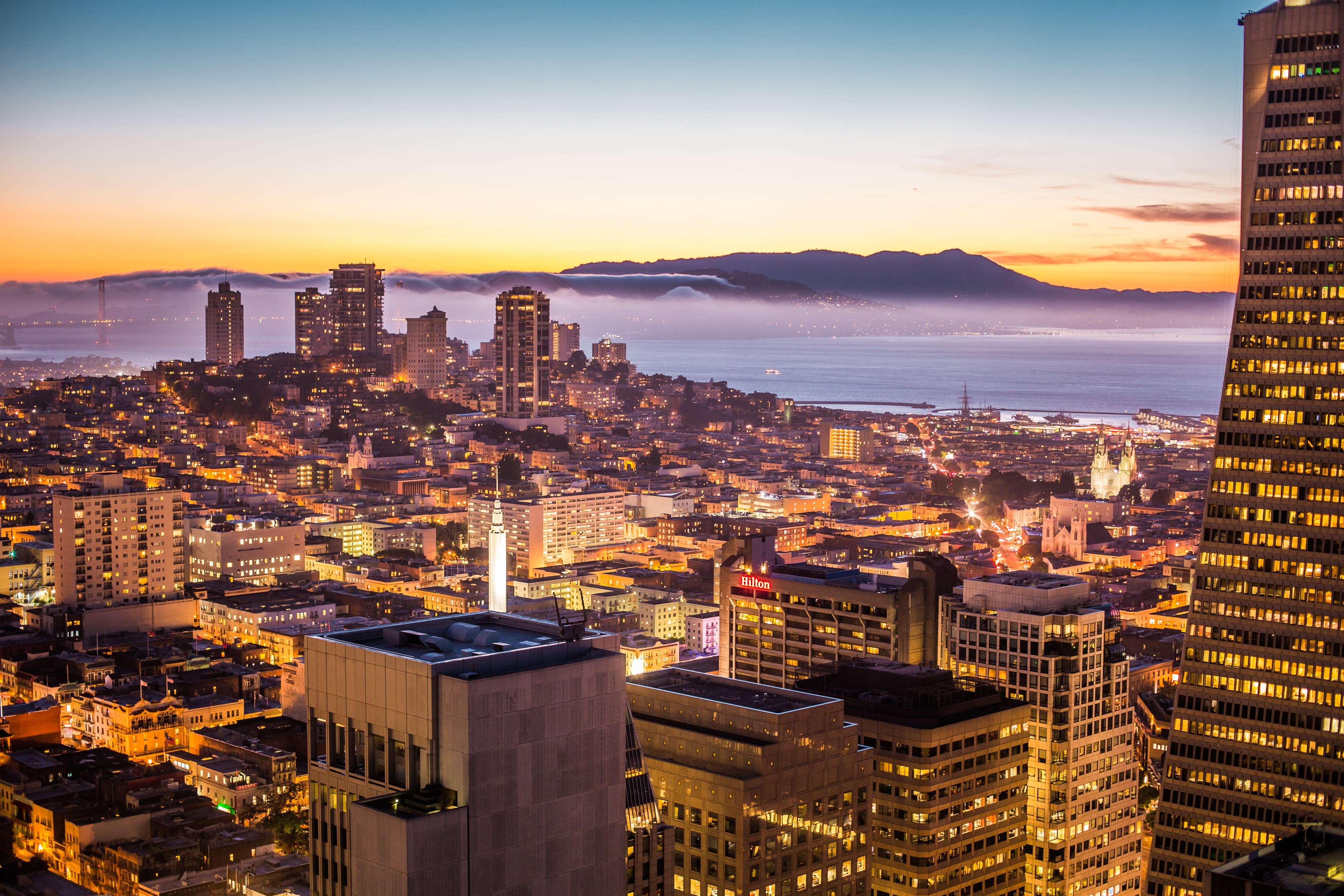 ggb, travel destinations, bay, 4K, fog, beautiful, piers, illuminated, financial district, city, built Structure, skyscraper, nature, aerial View, city Life, HD Wallpaper