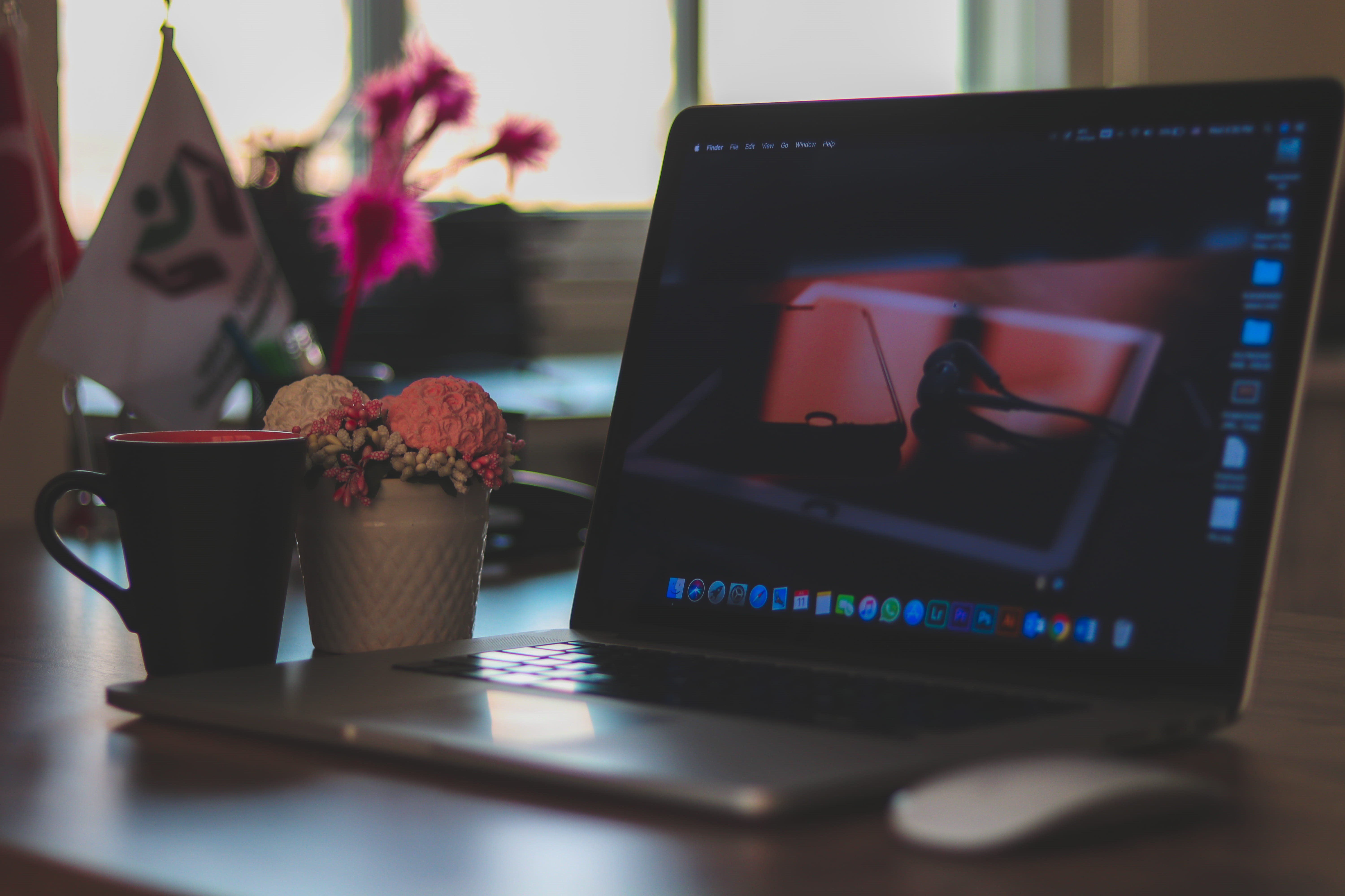 workplace, modern, cups, near, smart phone, mug, white, laptop, remote work, cup, workspace, turned, indoors, flowering plant, pot, coffee, table, plant, HD Wallpaper