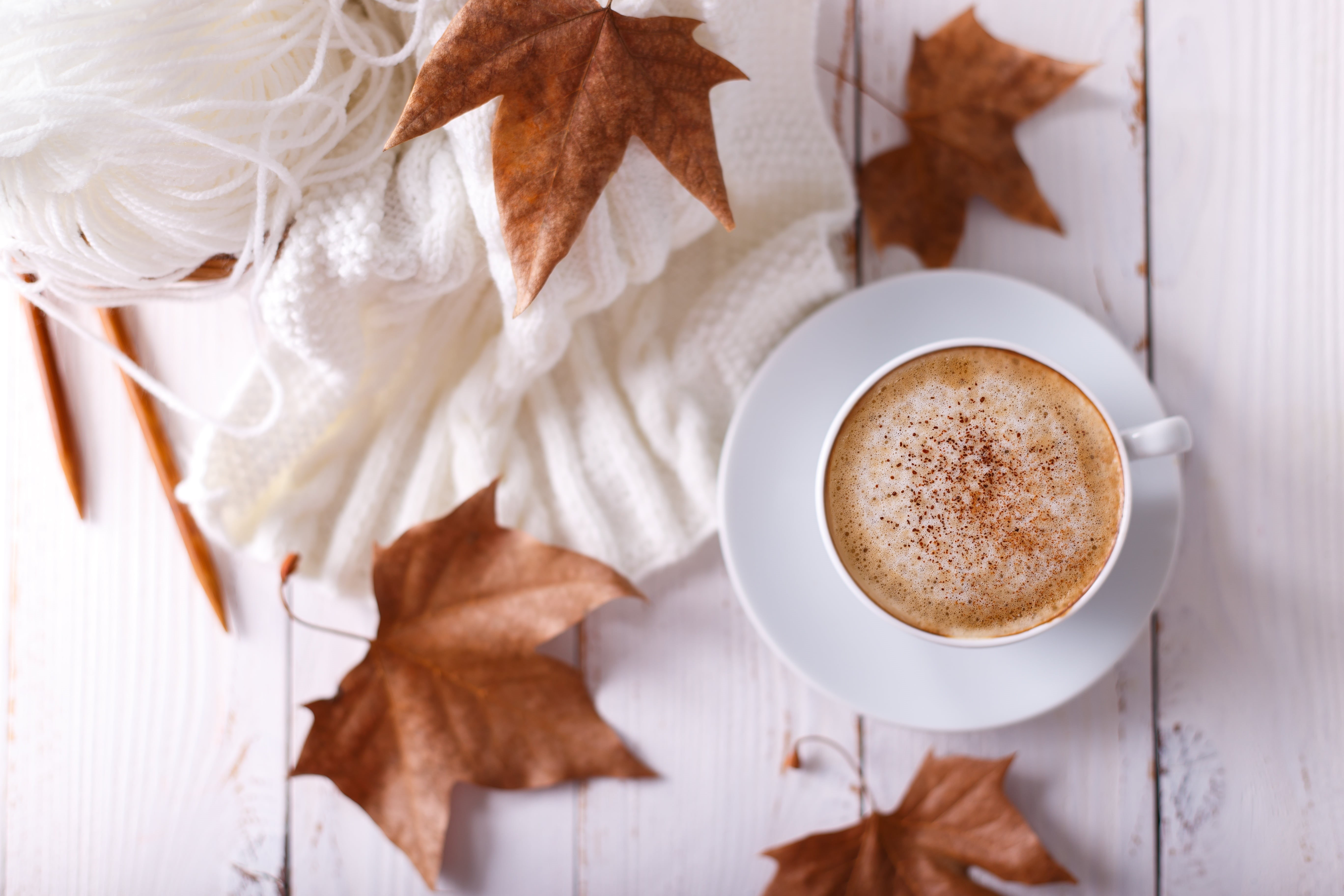 maple, background, coffee, cup, wood, leaves, scarf, a Cup of coffee, colorful, 5K, autumn, HD Wallpaper