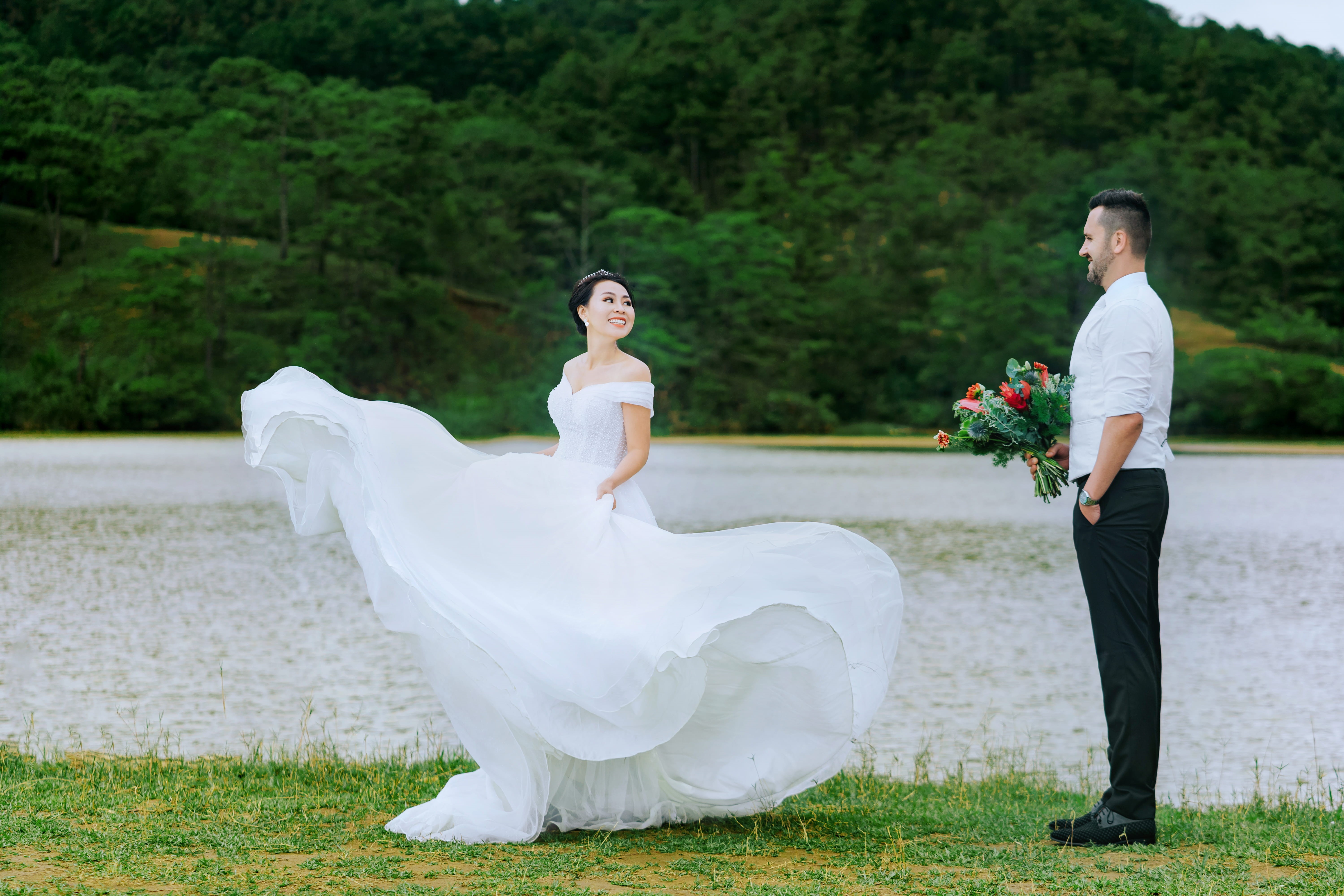 engagement, newlywed, females, photoshoot, emotion, dress, women, romance, gown, groom, couple - relationship, positive emotion, wear, bridal, outdoors, HD Wallpaper