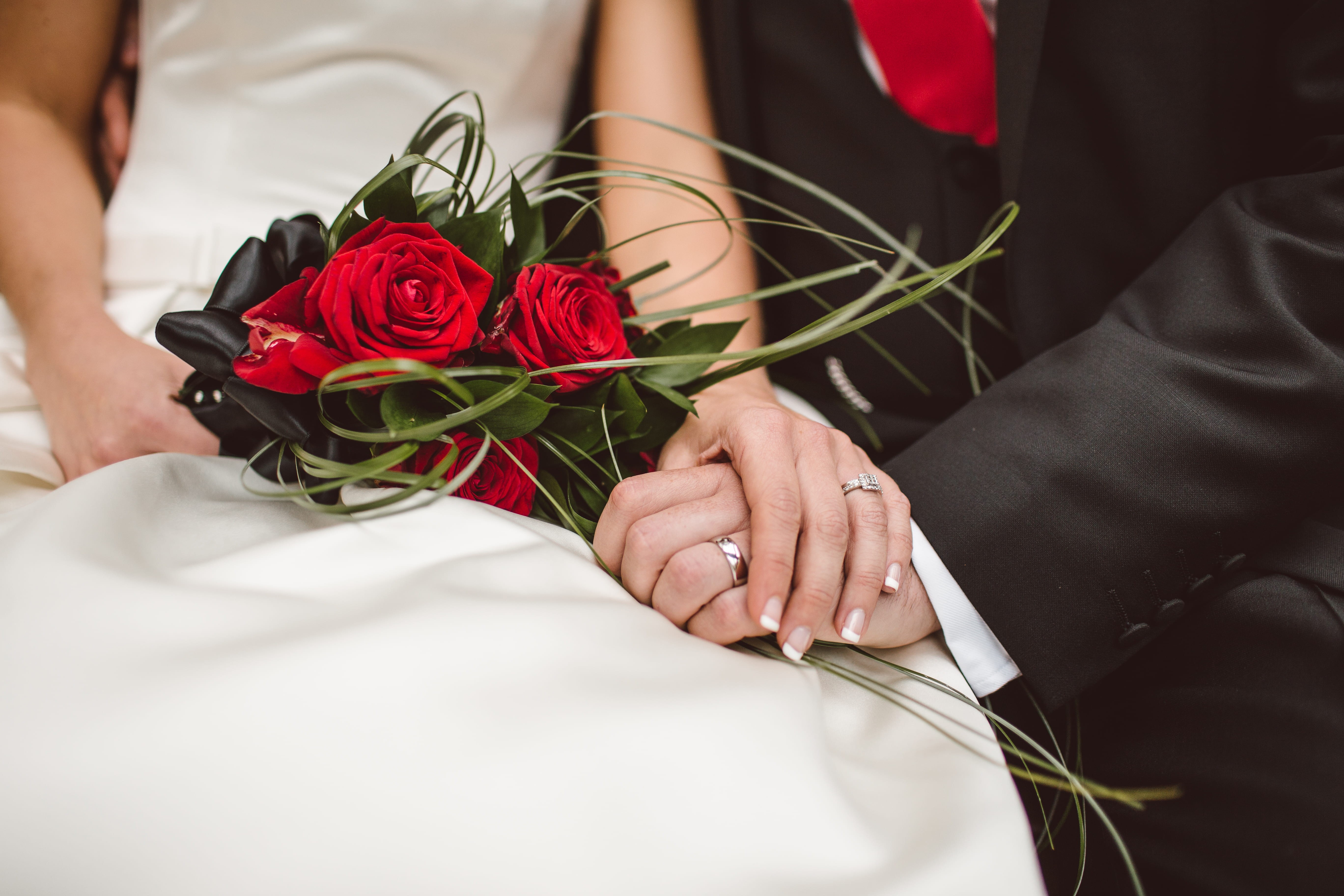 women, positive emotion, flowers, green, holding, adult, plant, suit, hand, event, bouquet, flower arrangement, human hand, love, groom, man, bokeh, wedding ceremony, HD Wallpaper
