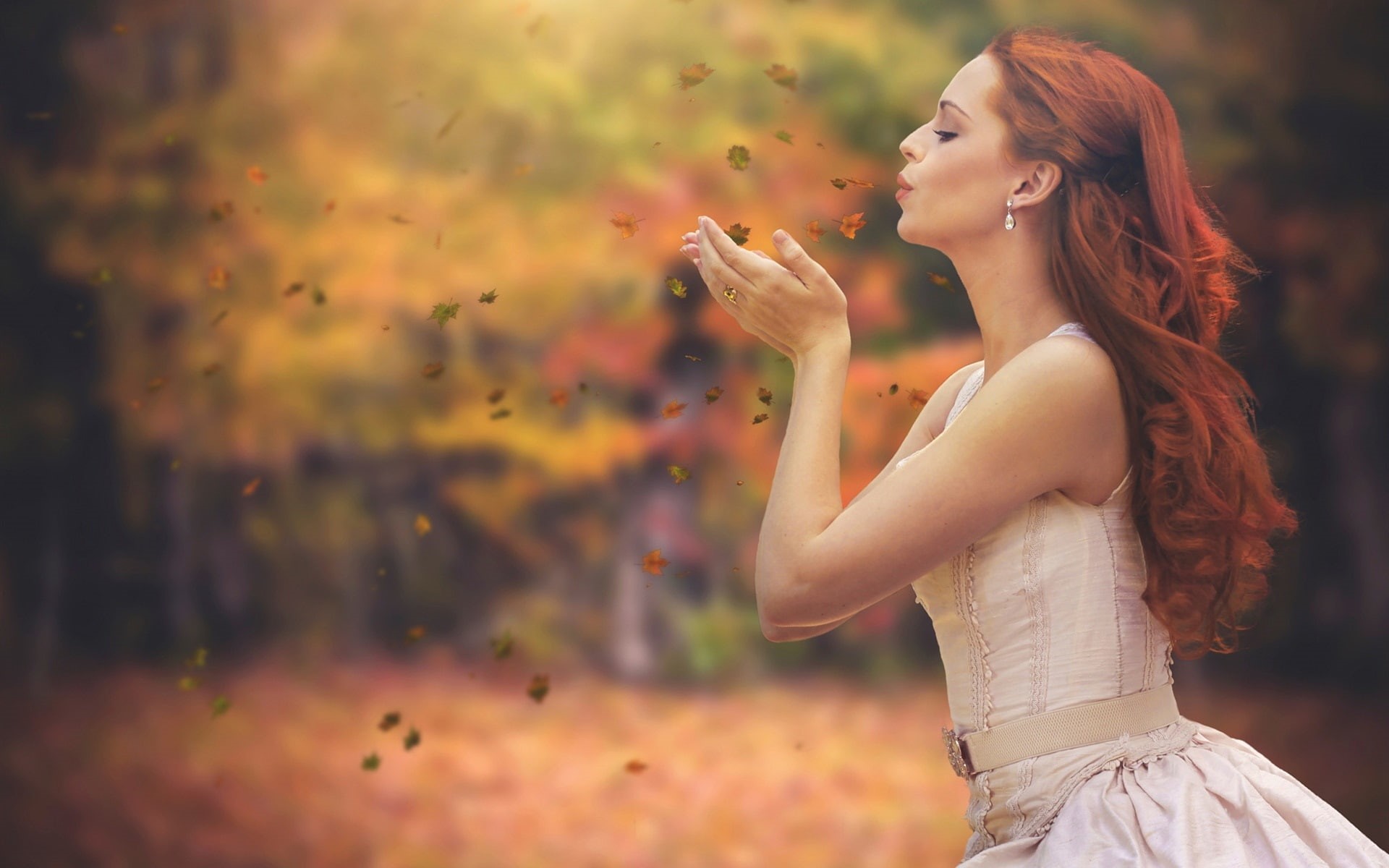 Leaves, Red, Hair, Girl, Autumn, 1080P, HD Wallpaper