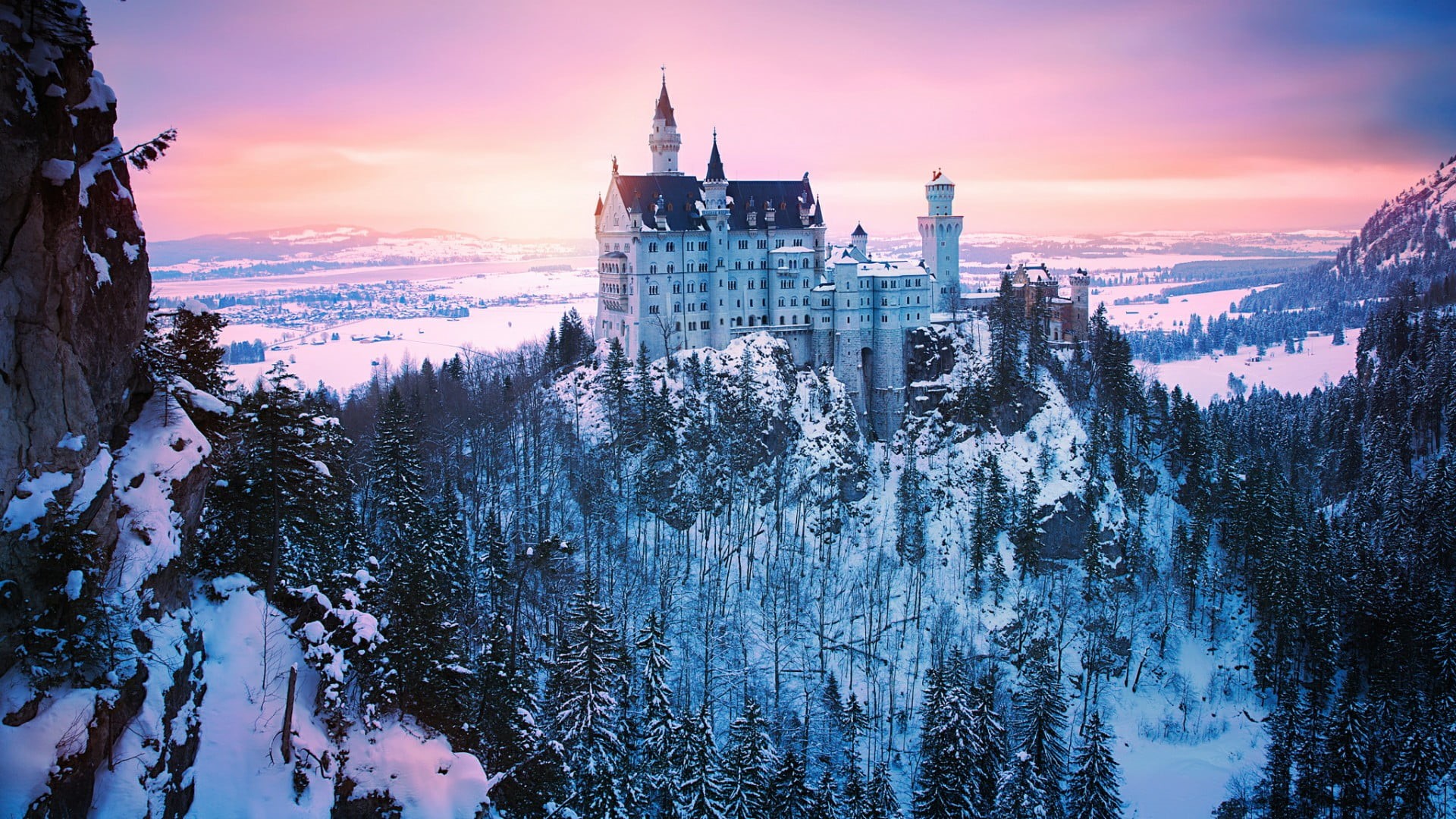 travel, tourist attraction, nature, morning, winter, stunning, bavaria, built structure, pine tree, schwangau, mountain, snow, no people, picturesque, landmark, HD Wallpaper