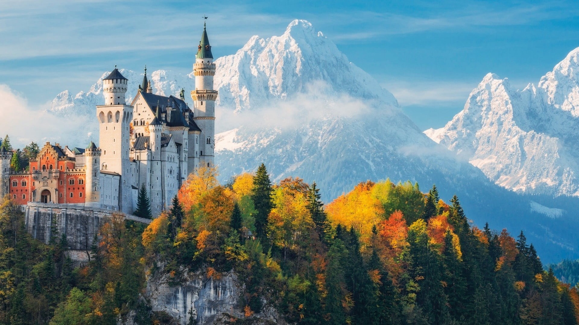 nature, historic site, no people, tourist attraction, 1080P, snowcapped mountain, castle, landmark, beauty in nature, belief, schwangau, scenics - nature, HD Wallpaper