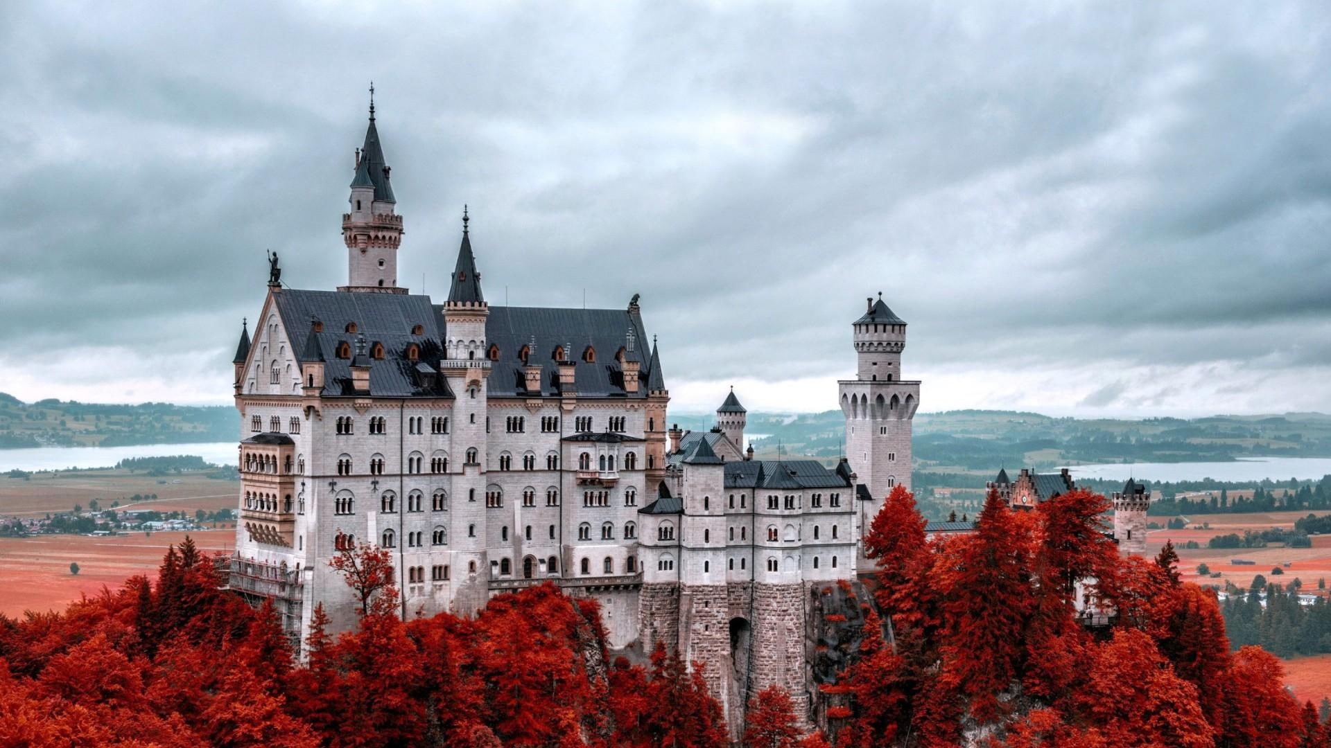 1080P, neuschwanstein, germany, castle, palace, red trees, autumn, europe, clouds, HD Wallpaper