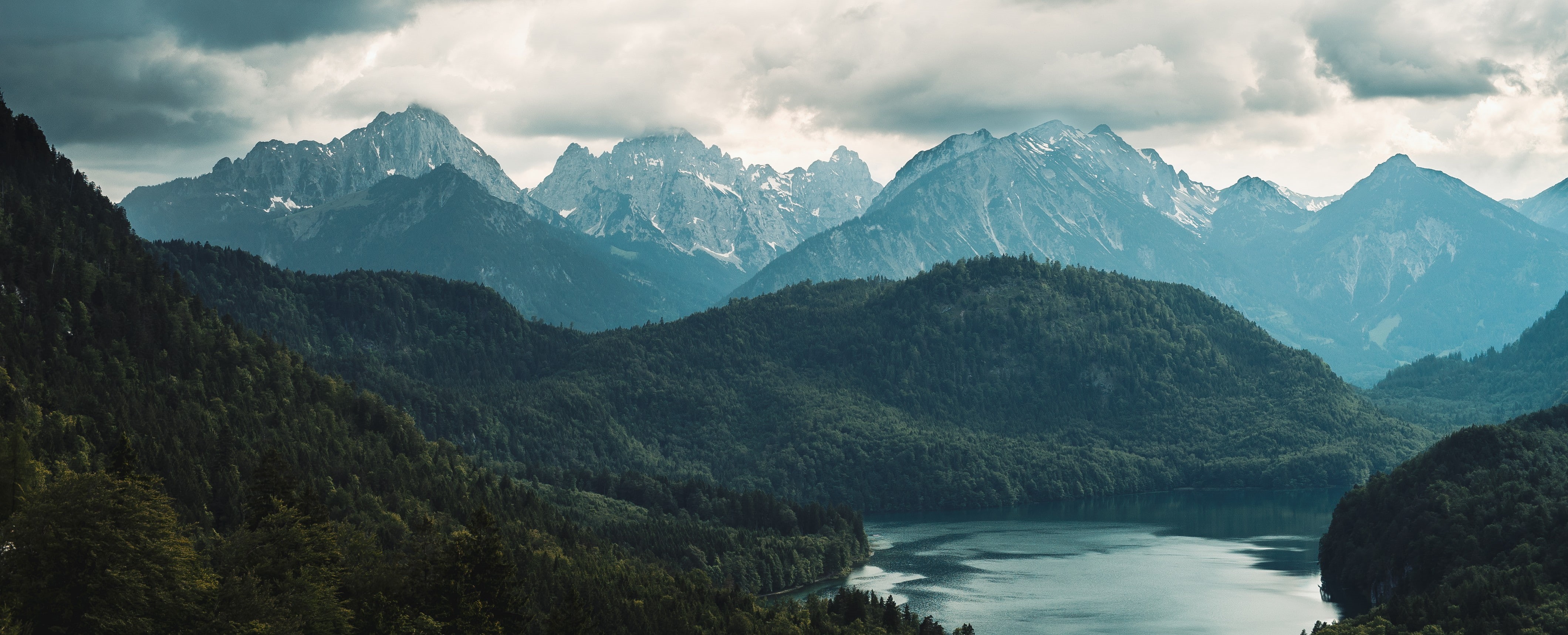 Germany, mountains, lake, clouds, 4K, wood, Bavaria, Neuschwanstein Castle, HD Wallpaper